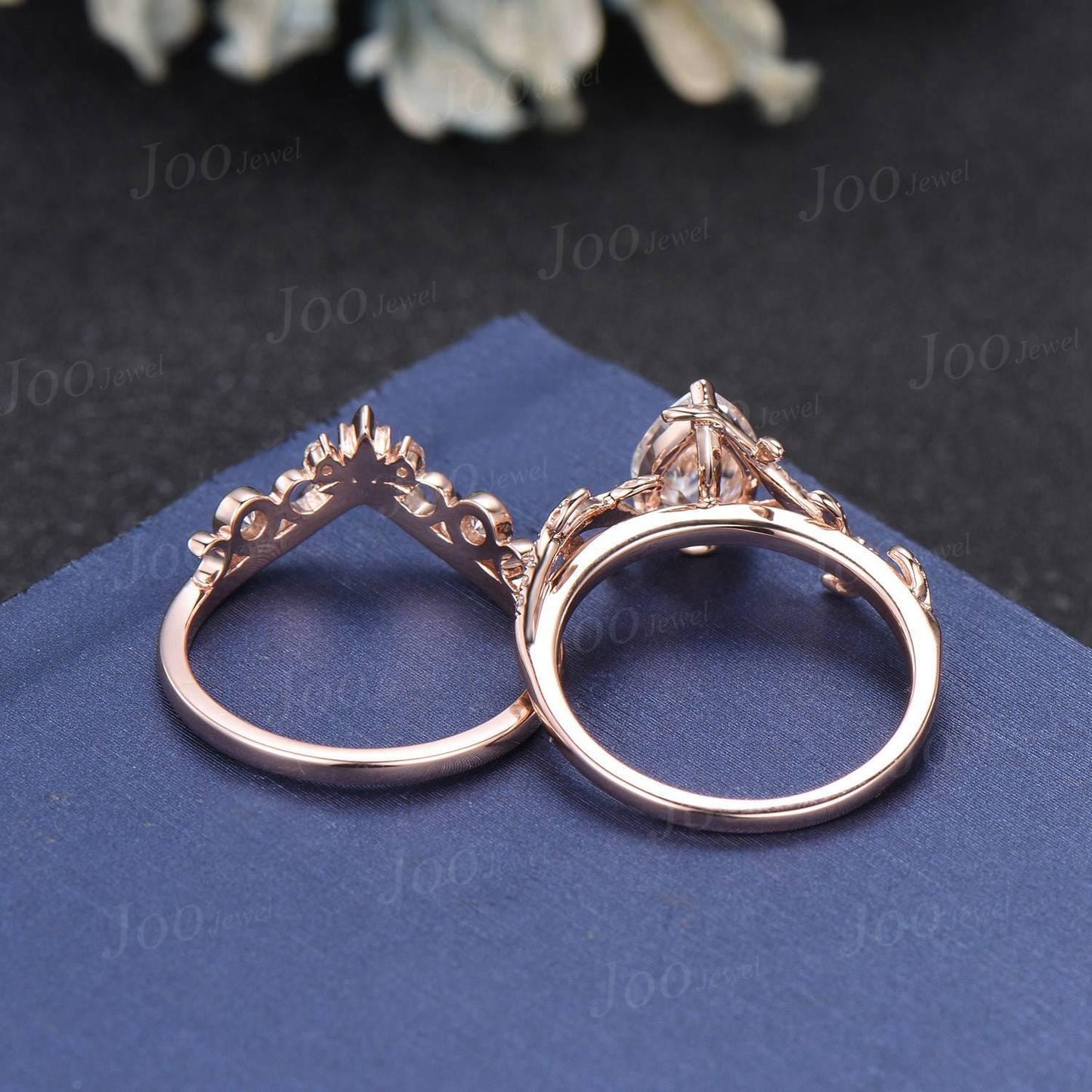 Pear Cut Diamond Bridal Ring Set 10K Rose Gold Lab Grown Diamond Engagement Ring for Women Leaf Branch Vine Wedding Ring With IGI CERTIFIED