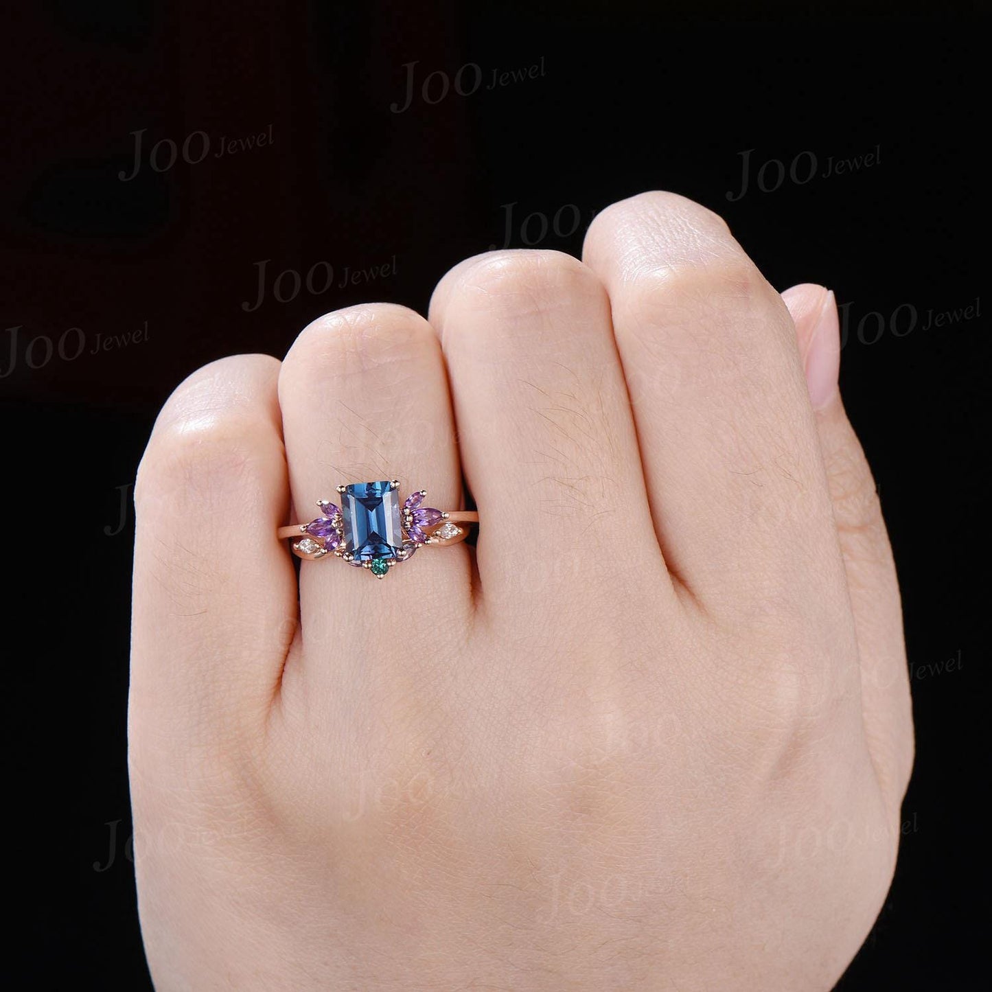 2ct Emerald Cut Color-Changing Alexandrite Amethyst Ring Set No Fading June Birthstone Engagement Ring Unique Cluster Wedding Proposal Ring