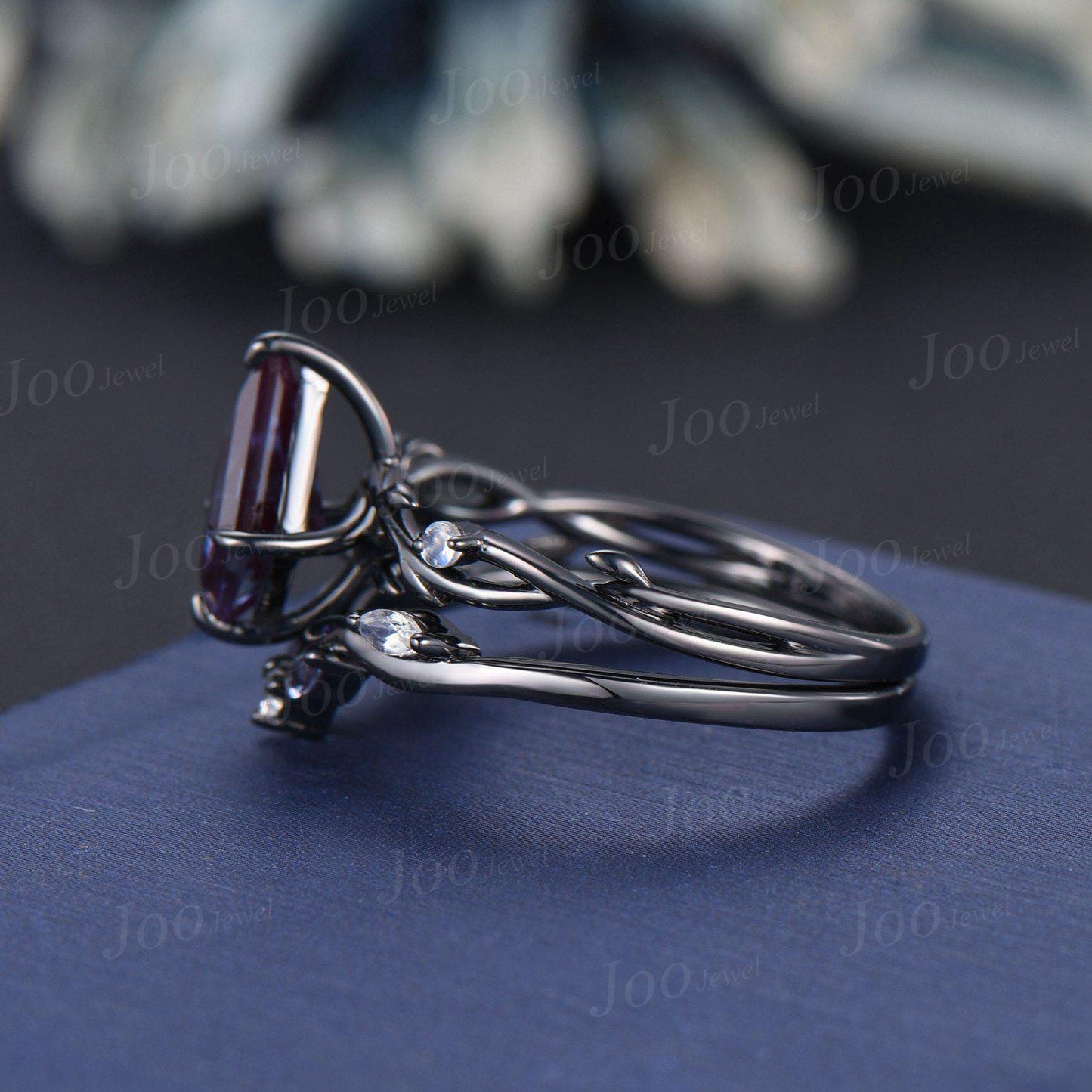 Gothic Bridal Ring Coffin Cut Color-Change Alexandrite Moonstone Black Engagement Rings Twig Vine Wedding Ring For Goth Gown Wedding Party