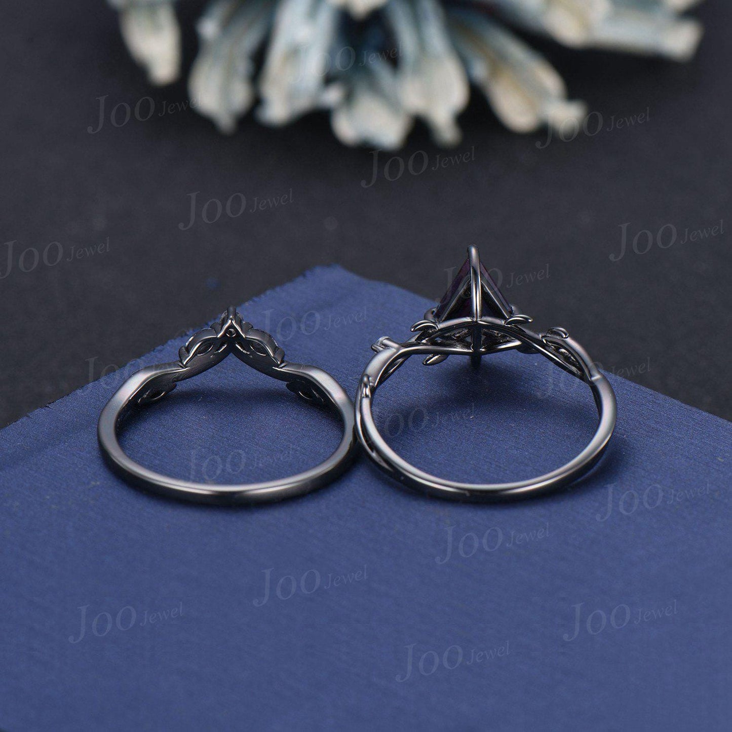 Gothic Bridal Ring Coffin Cut Color-Change Alexandrite Moonstone Black Engagement Rings Twig Vine Wedding Ring For Goth Gown Wedding Party