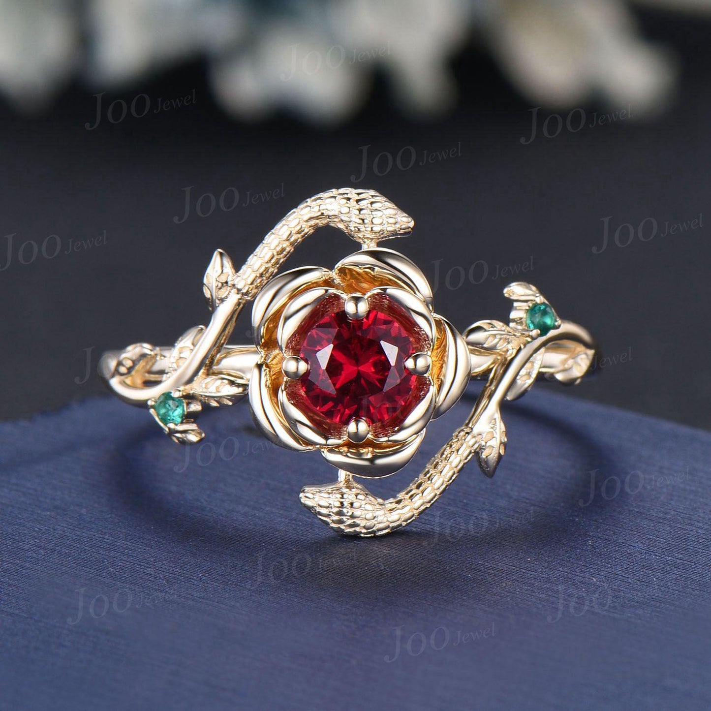 Unique Gothic Snake Engagement Ring Vintage 14K Yellow Gold Floral Ruby Jewelry Nature Inspired Red Ruby Wedding Ring Bypass Gemstone Ring