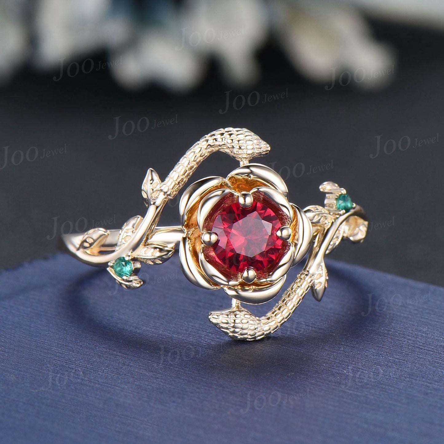 Unique Gothic Snake Engagement Ring Vintage 14K Yellow Gold Floral Ruby Jewelry Nature Inspired Red Ruby Wedding Ring Bypass Gemstone Ring