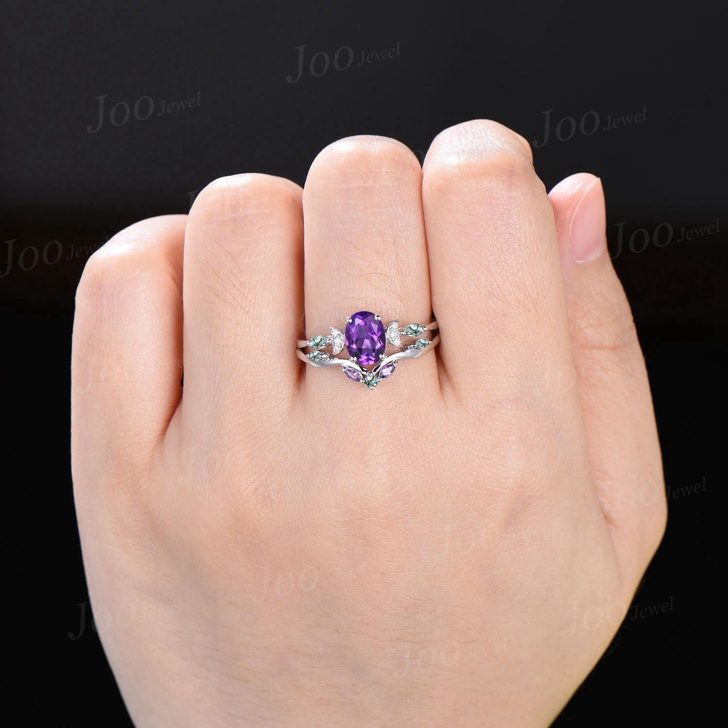 Oval Cut Natural Amethyst Moss Agate Bridal Ring February Birthstone Jewelry 1.5ct Crescent Moon Purple Crystal Wedding Ring