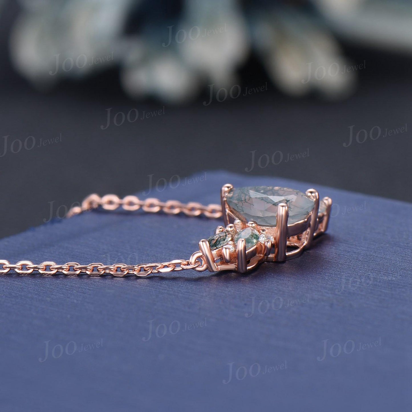 1.25ct Natural Pear Moss Agate Necklace 14K Rose Gold Green Gemstone Necklace Vintage Cluster Marquise Moss Agate Moissanite Chain Pendants