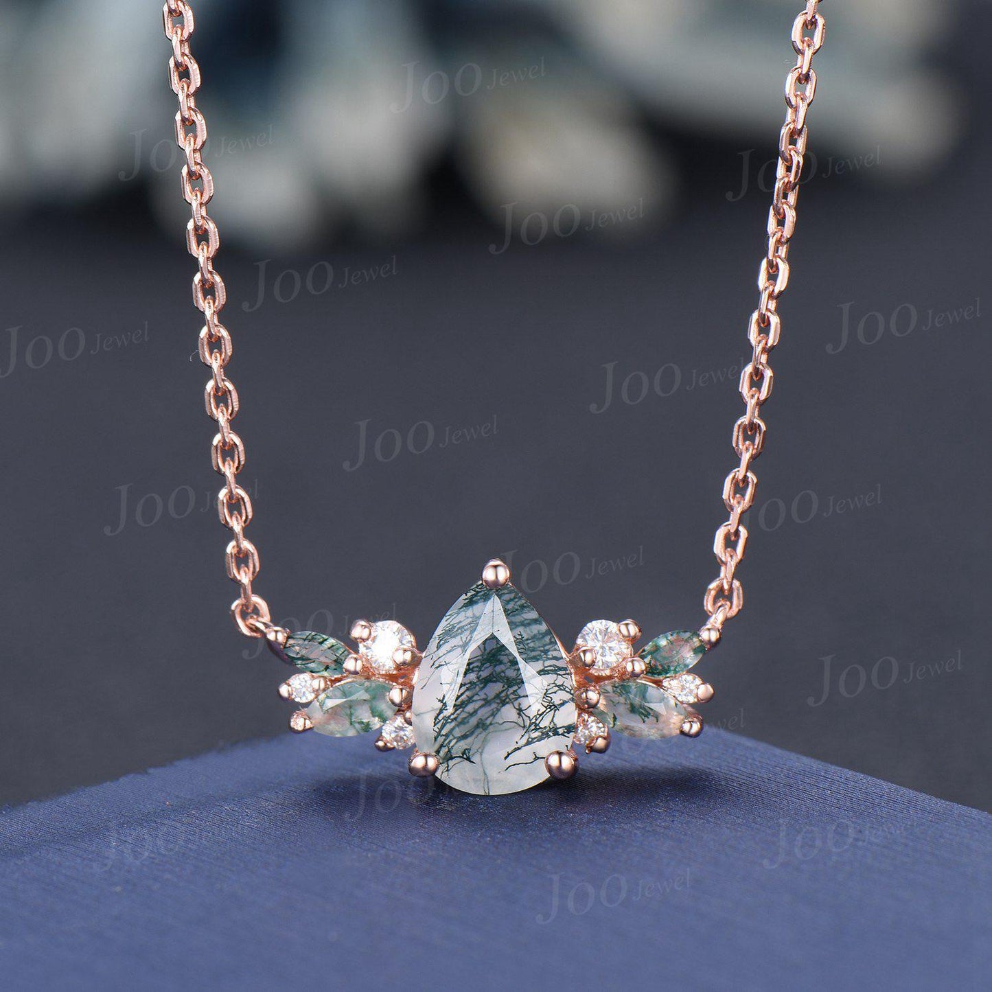 1.25ct Natural Pear Moss Agate Necklace 14K Rose Gold Green Gemstone Necklace Vintage Cluster Marquise Moss Agate Moissanite Chain Pendants