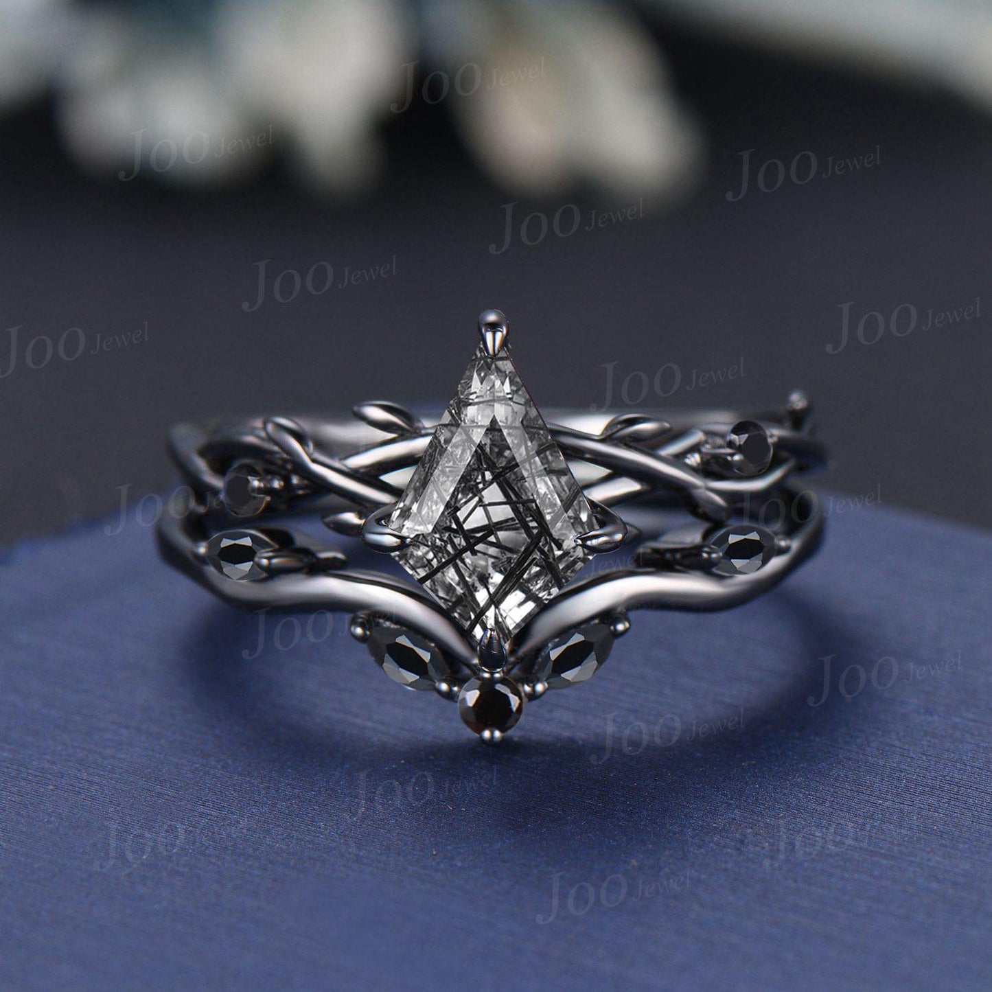 Antique Kite Cut Natural Black Rutilated Quartz Engagement Ring Set Twig Vine Black Onyx Wedding Ring Kite Bridal Set Gothic Black Ring Set