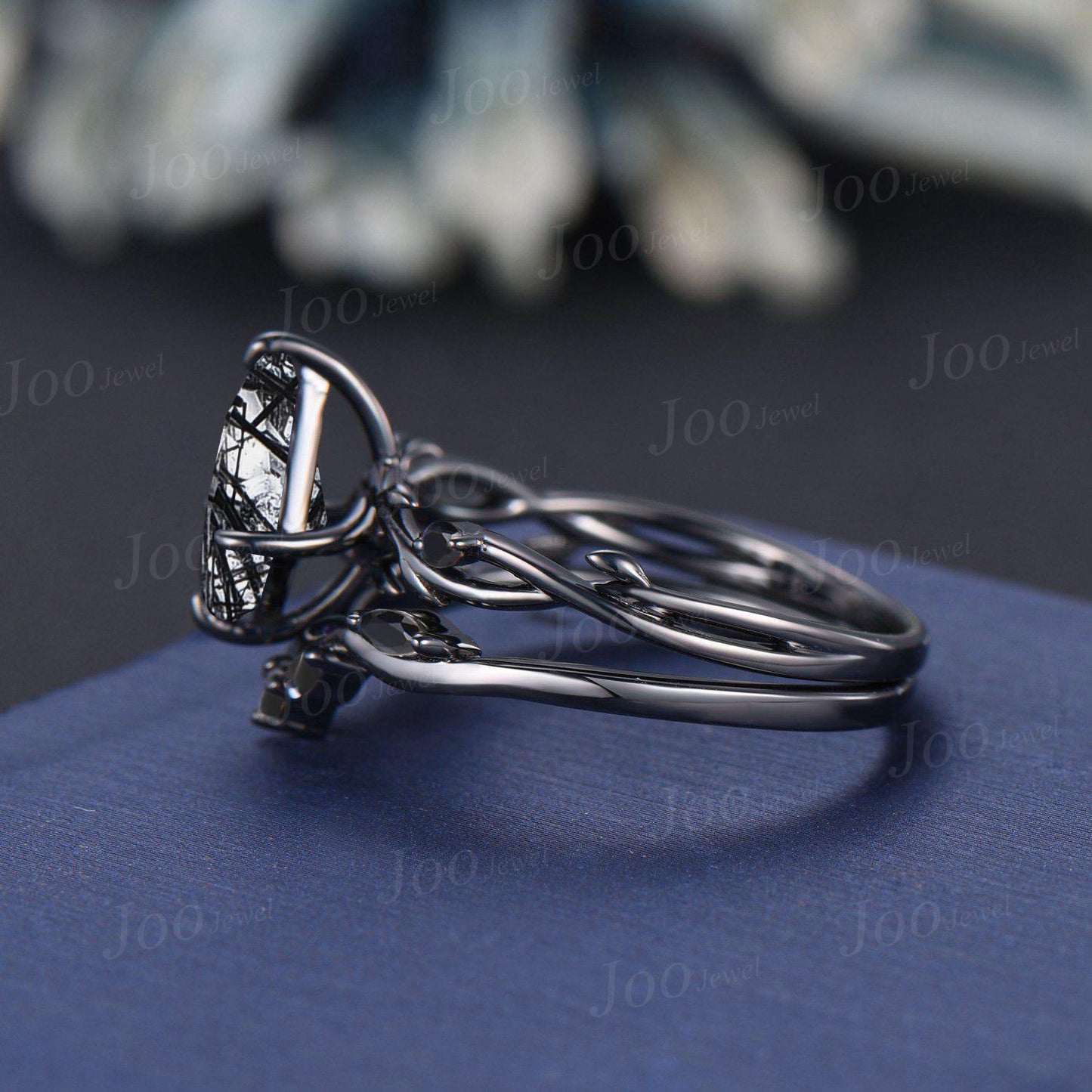 Antique Kite Cut Natural Black Rutilated Quartz Engagement Ring Set Twig Vine Black Onyx Wedding Ring Kite Bridal Set Gothic Black Ring Set
