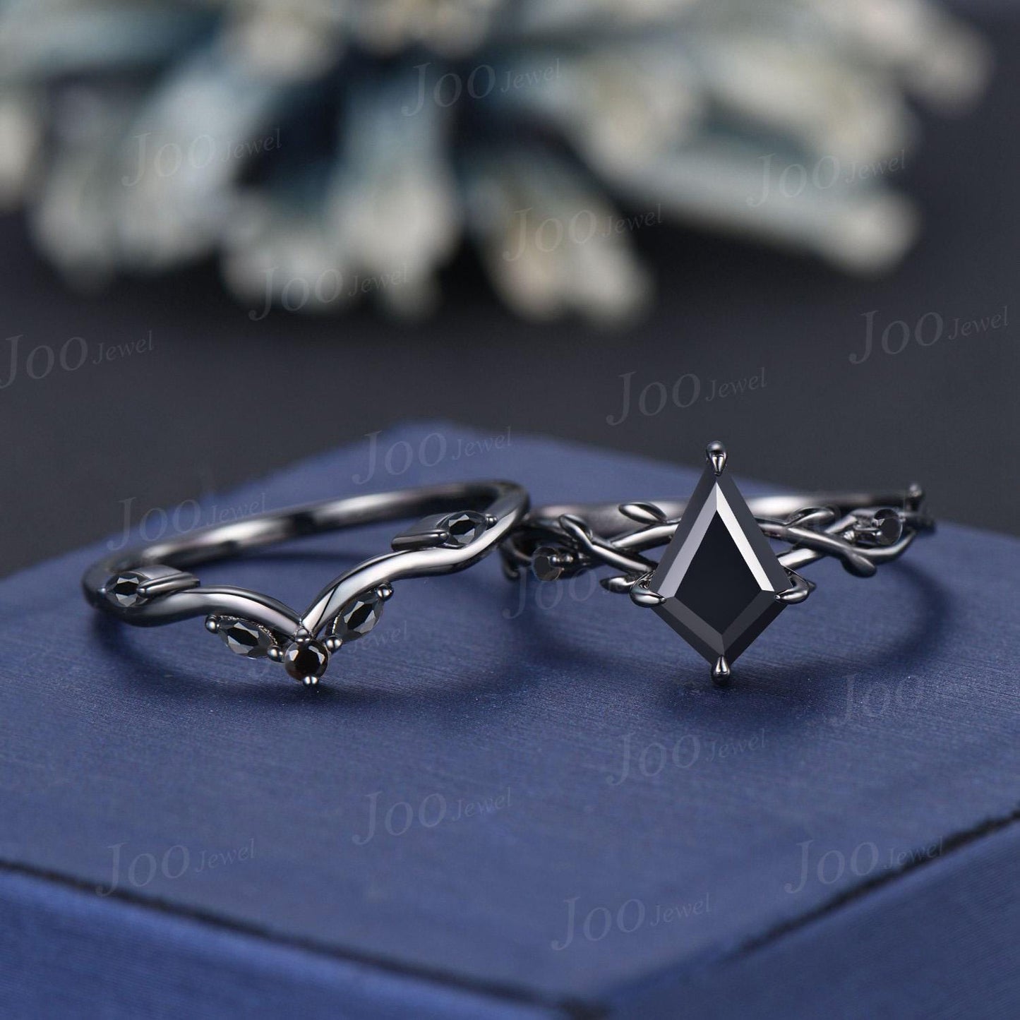 Natural Genuine Black Onyx Ring for Women Vintage Kite Cut Bridal Set Gothic Antique Dainty Ring Black Engagement Ring Healing Gemstone Ring
