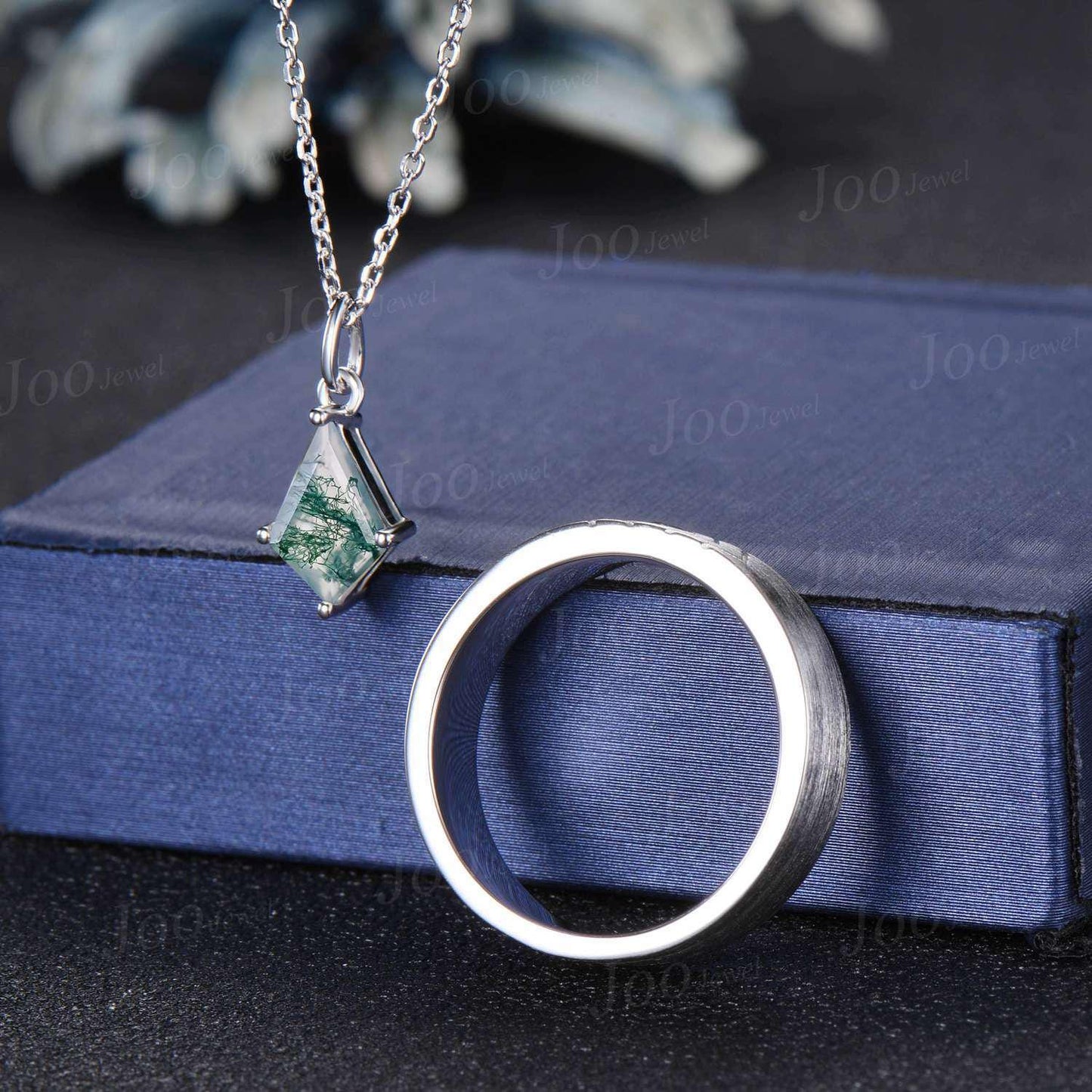 Kite Genuine Moss Agate Men Band Necklace Set Sterling Silver Vintage Unique Valentine's Day Gift for Couple Green Gemstone Healing Jewelry