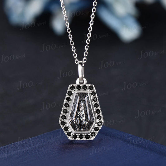 Gothic Coffin Cut Natural Black Rutilated Quartz Necklace Vintage Black Gemstone Bezel Pendant 14K White Gold Halo Bridal Necklace for Women
