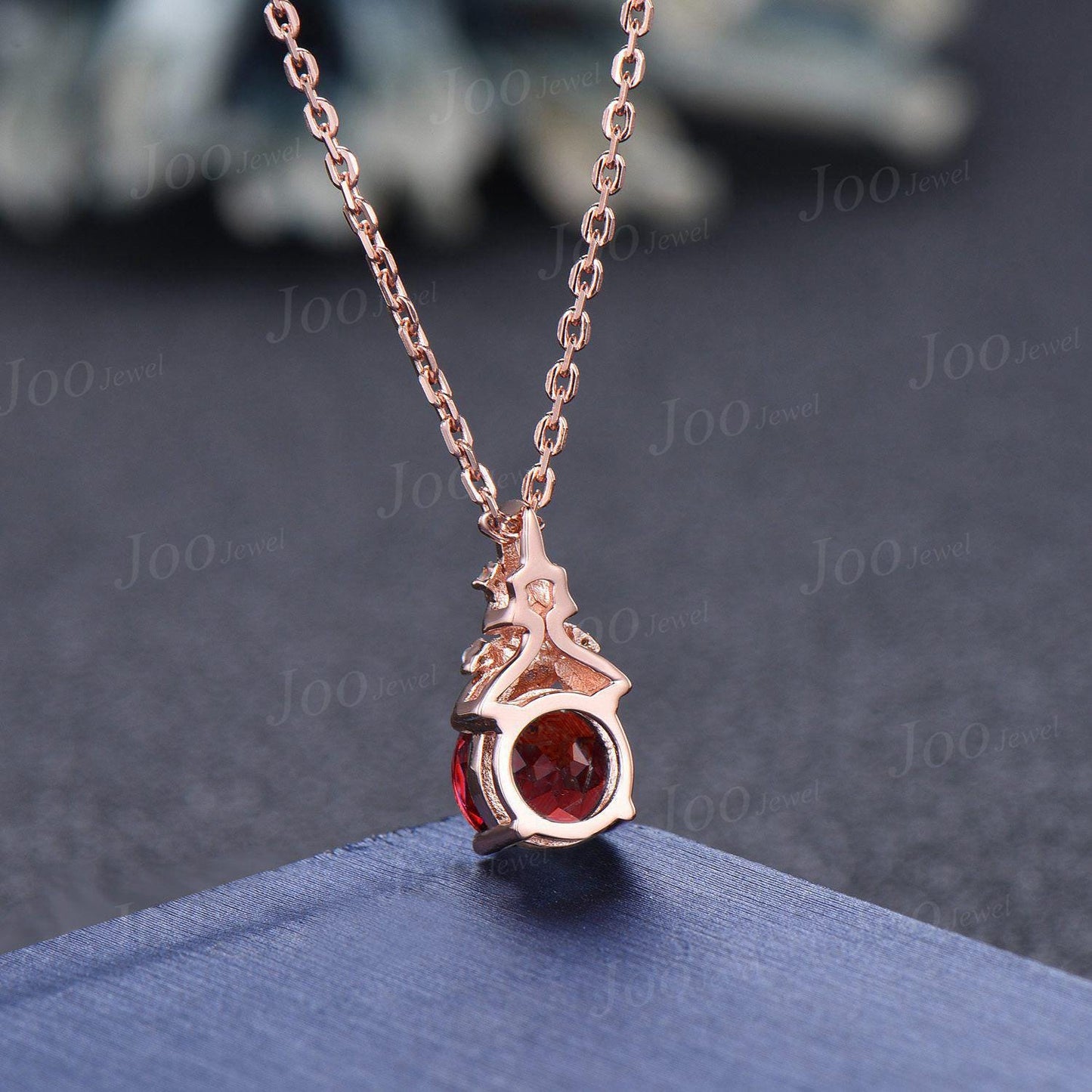 Round Cut Ruby Necklace Leaf Flower Pendant Vintage Red Gemstone Jewelry Unique July Birthstone Birthday/Valentine's Day Gifts for Women