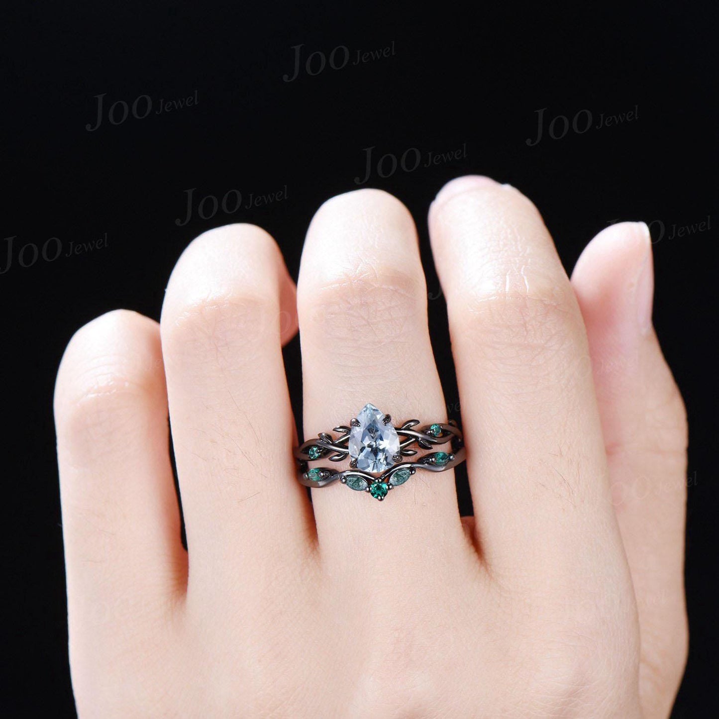 Black Gold Genuine Ocean Aquamarine Engagement Ring Twig Vine Green Emerald Moss Wedding Band Unique Pear Cut Aquamarine Bridal Set Women