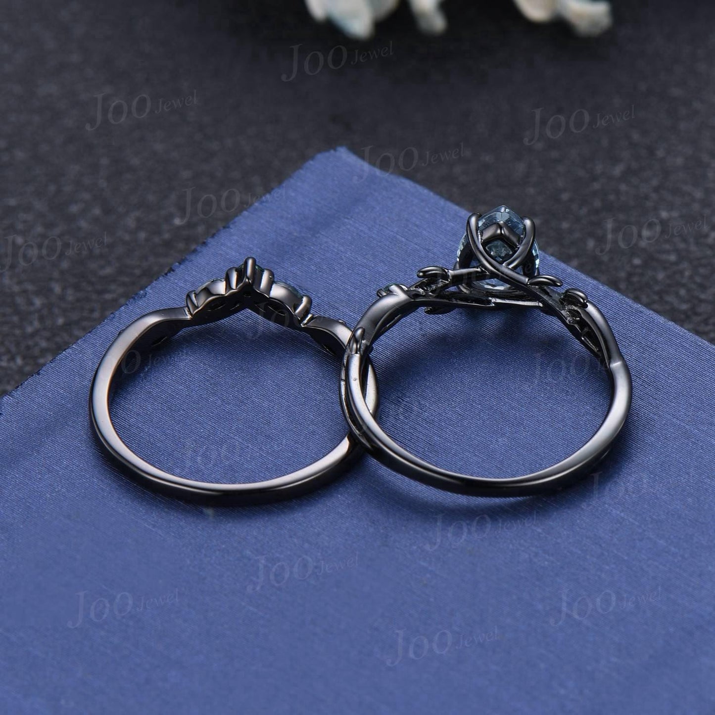 Black Gold Genuine Ocean Aquamarine Engagement Ring Twig Vine Green Emerald Moss Wedding Band Unique Pear Cut Aquamarine Bridal Set Women