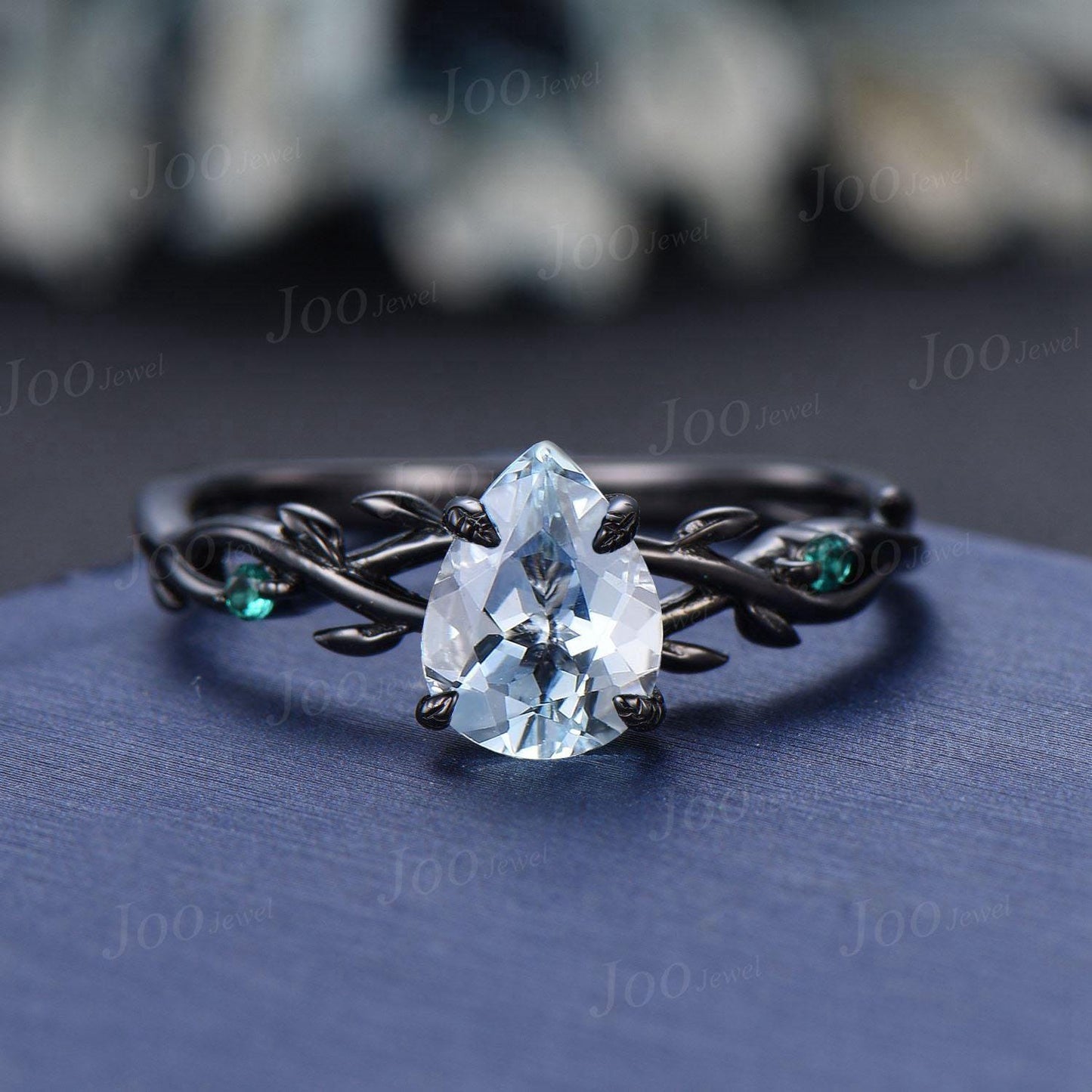 Black Gold Genuine Ocean Aquamarine Engagement Ring Twig Vine Green Emerald Moss Wedding Band Unique Pear Cut Aquamarine Bridal Set Women
