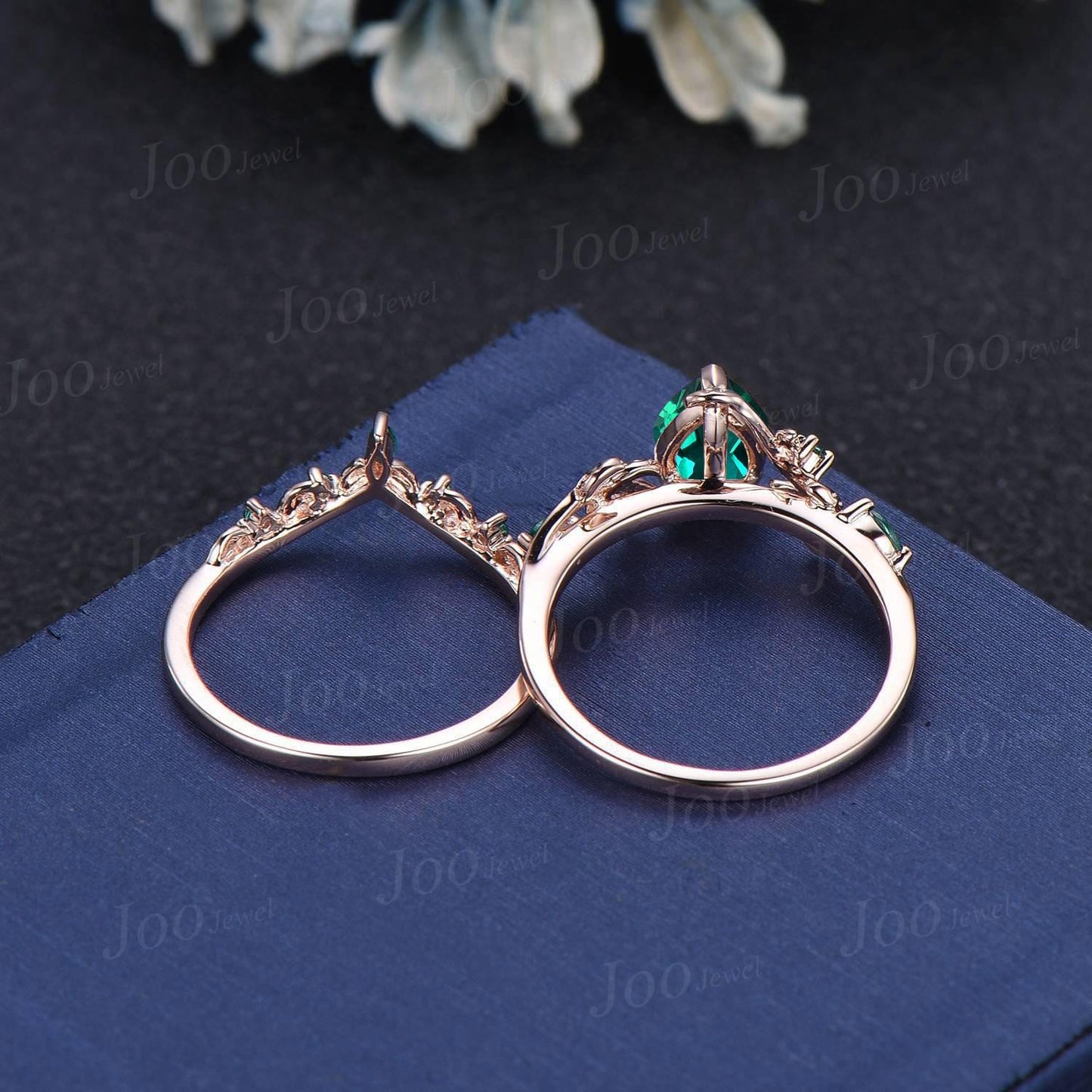 Vintage Pear Cut Green Emerald Engagement Ring Black Gold Twig Leaf Emerald Wedding Ring Nature Inspired Ring Black Bridal Promise Ring Set