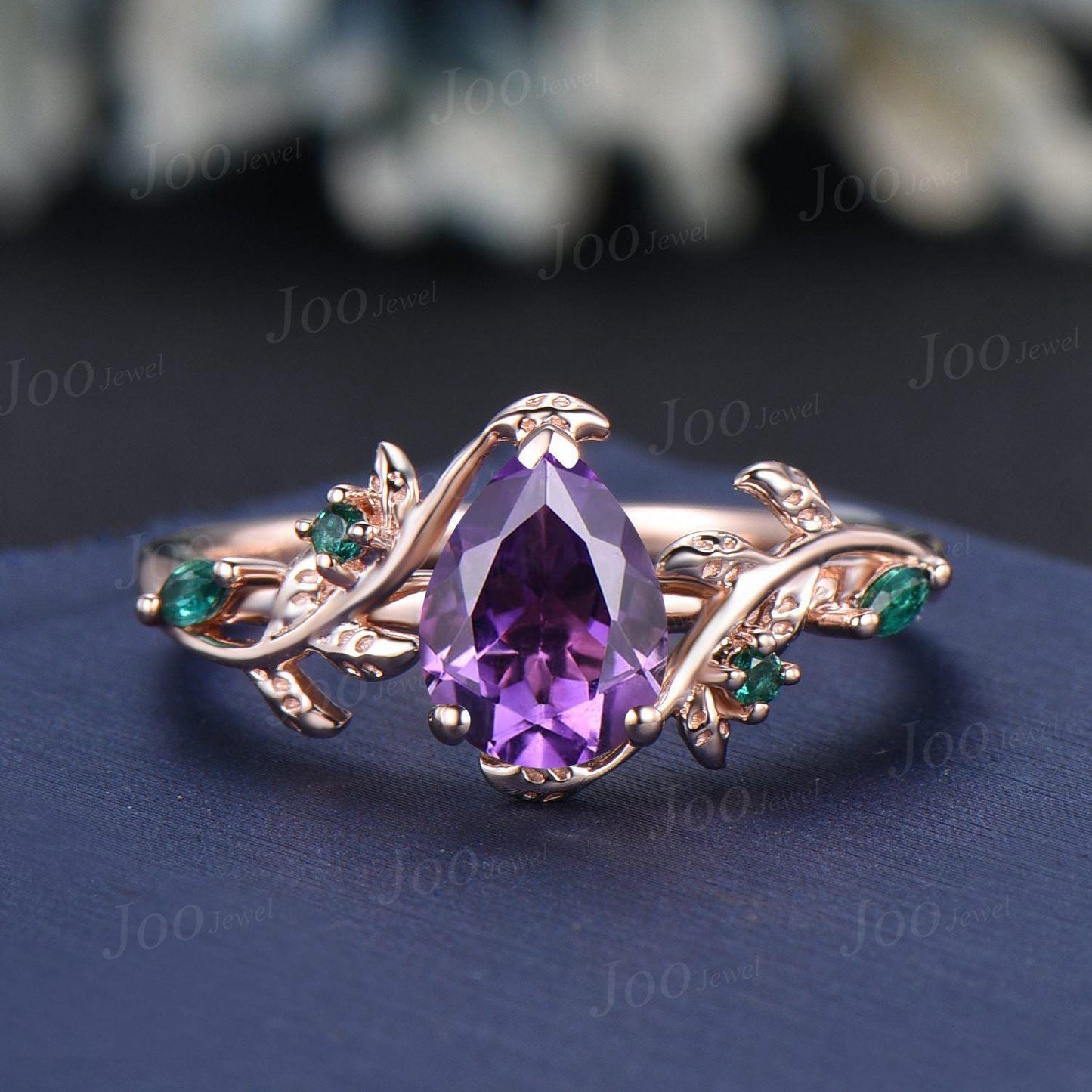 Nature Inspired Flower Genuine Amethyst Ring Set Vintage 14K Black Gold Leaf Branch Bridal Set Pear Wedding Ring February Birthstone Gifts