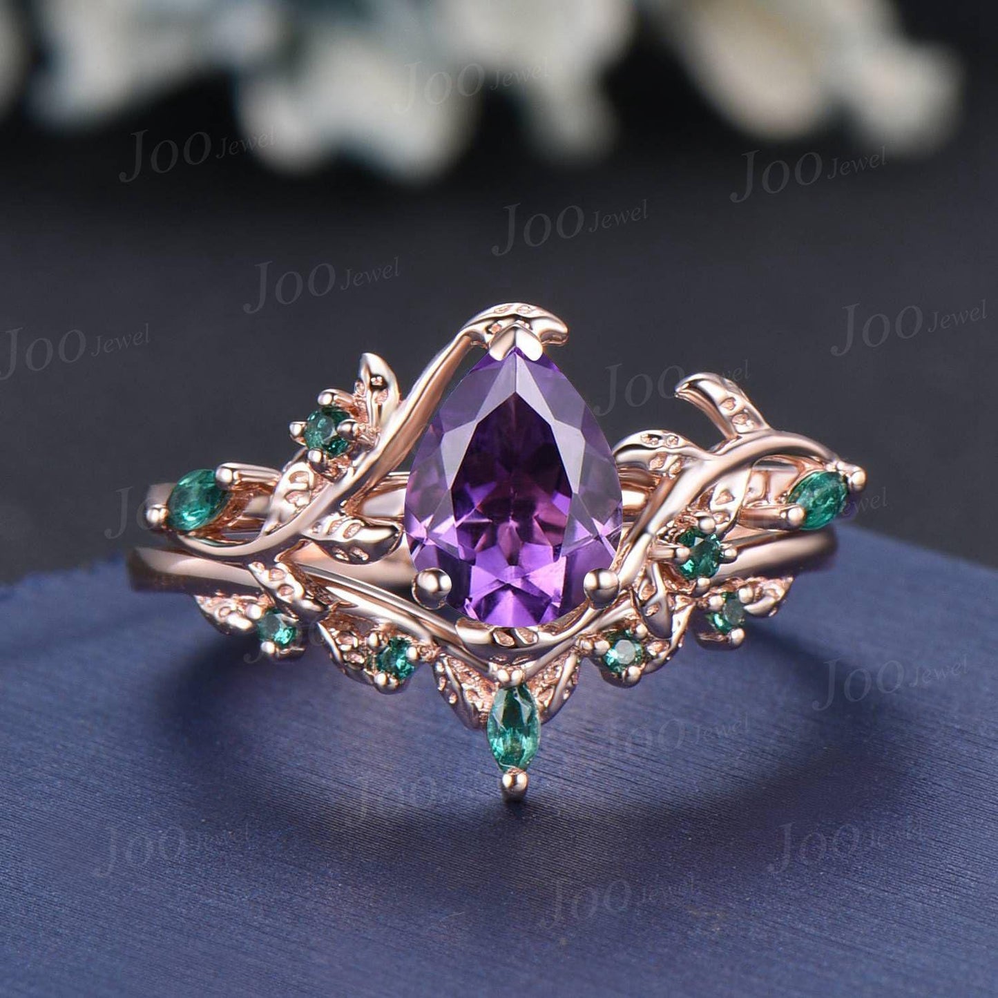 Nature Inspired Flower Genuine Amethyst Ring Set Vintage 14K Black Gold Leaf Branch Bridal Set Pear Wedding Ring February Birthstone Gifts