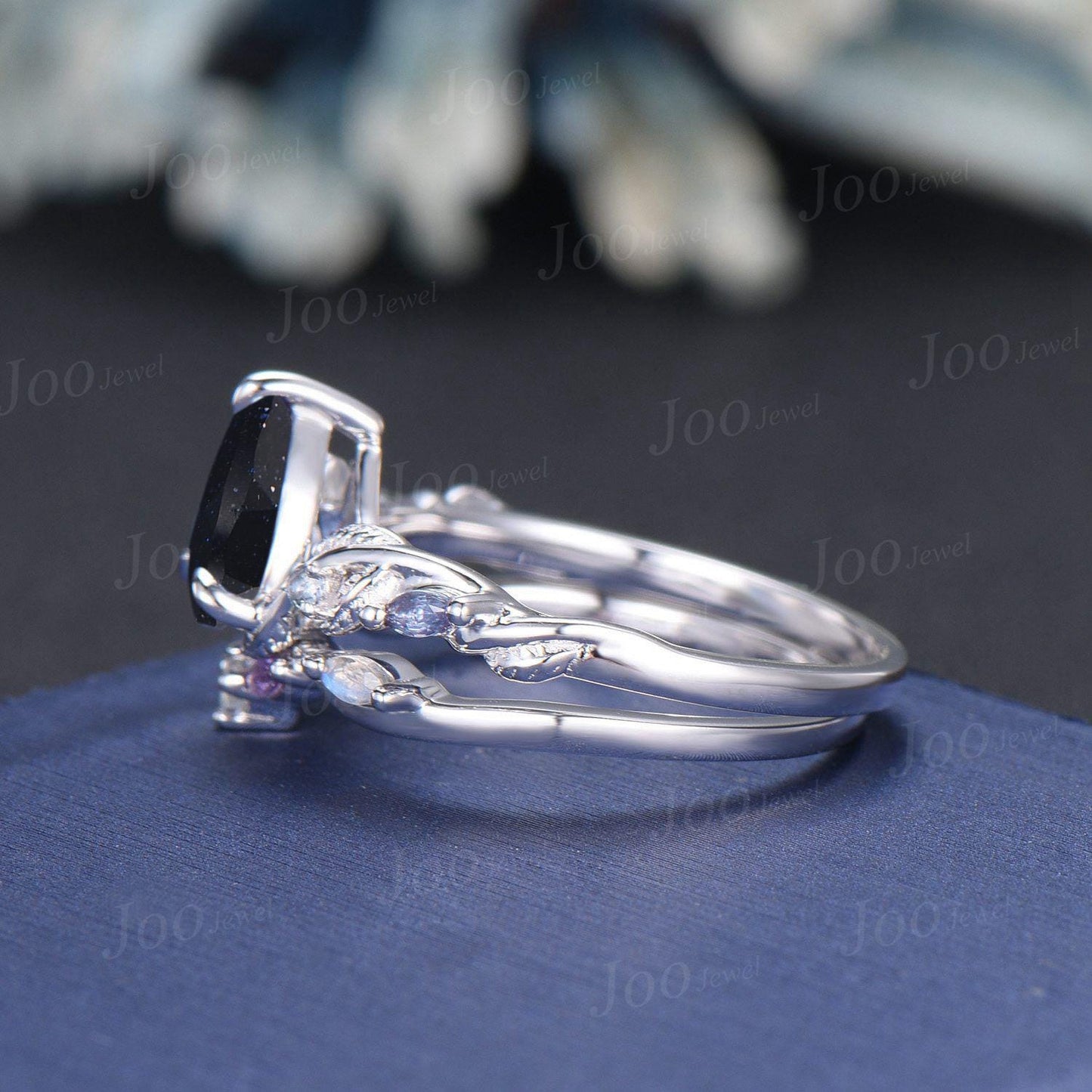 Vintage Blue Sandstone Engagement Ring Set Twist Twig Leaf Alexandrite Curved Stacking Band Pear Shaped Bridal Set Unique Black Wedding Set
