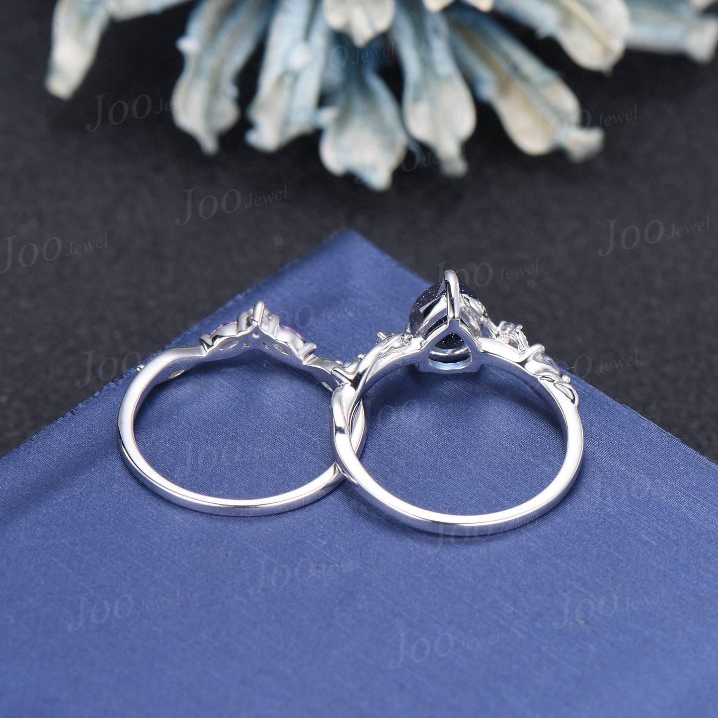 Vintage Blue Sandstone Engagement Ring Set Twist Twig Leaf Alexandrite Curved Stacking Band Pear Shaped Bridal Set Unique Black Wedding Set