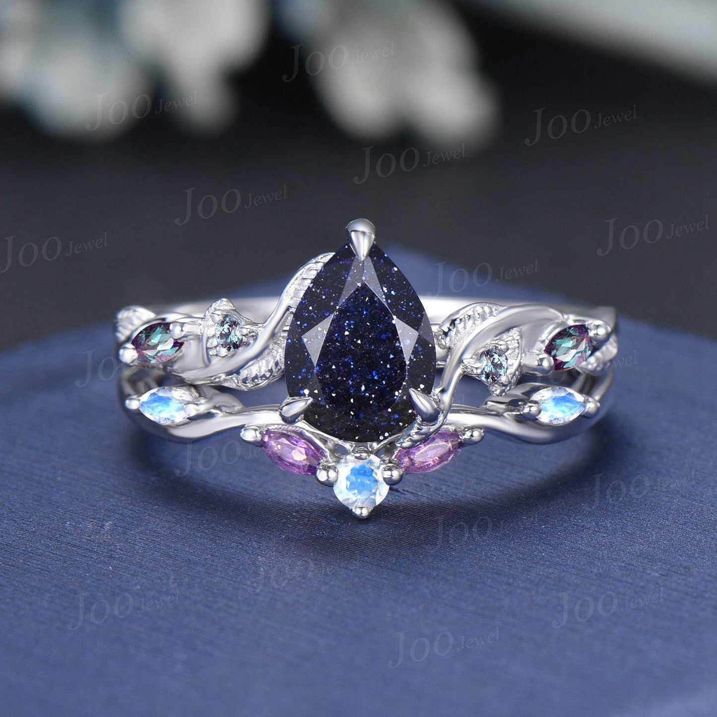 Vintage Blue Sandstone Engagement Ring Set Twist Twig Leaf Alexandrite Curved Stacking Band Pear Shaped Bridal Set Unique Black Wedding Set