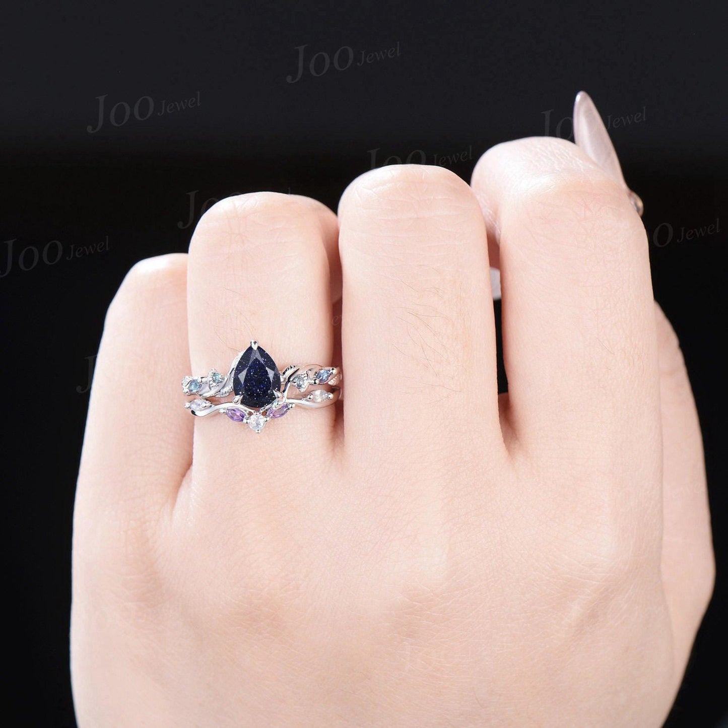 Vintage Blue Sandstone Engagement Ring Set Twist Twig Leaf Alexandrite Curved Stacking Band Pear Shaped Bridal Set Unique Black Wedding Set