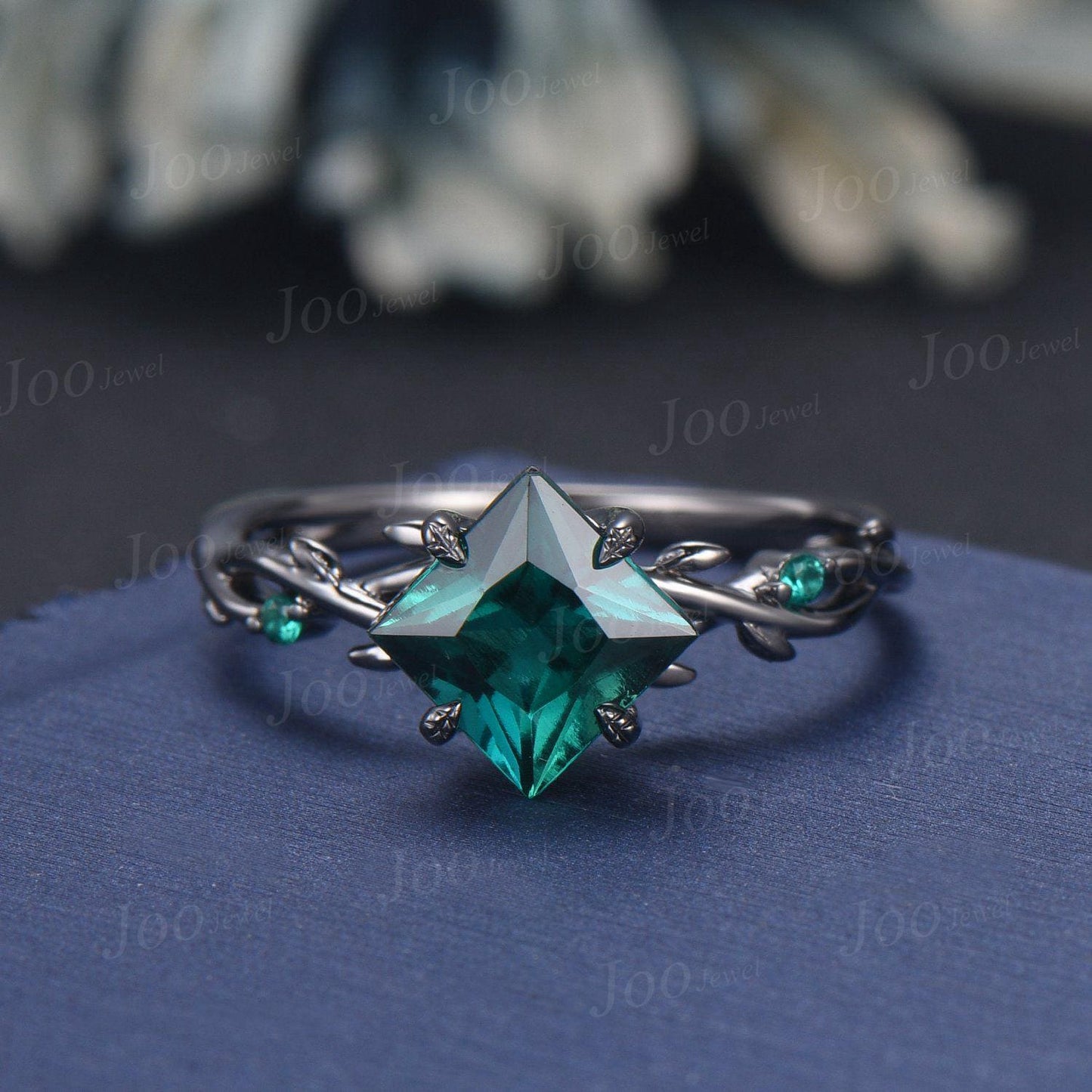 Twig Vine Green Emerald Bridal Set Antique 10K Black Gold Wedding Ring 2 carat Princess Cut Engagement Ring Set Unique May Birthstone Gifts