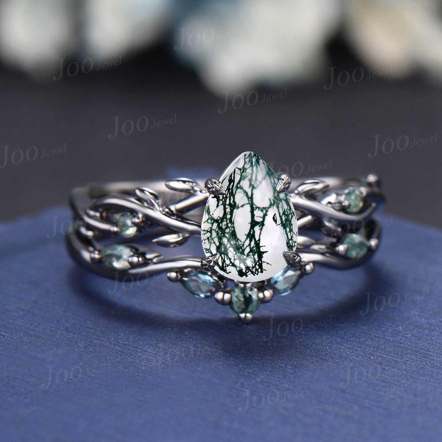 Teardrop Cut Genuine Green Moss Agate Alexandrite Bridal Set 1.25ct Twig Vine Branch Moss Agate Wedding Ring Gothic Black Engagement Rings