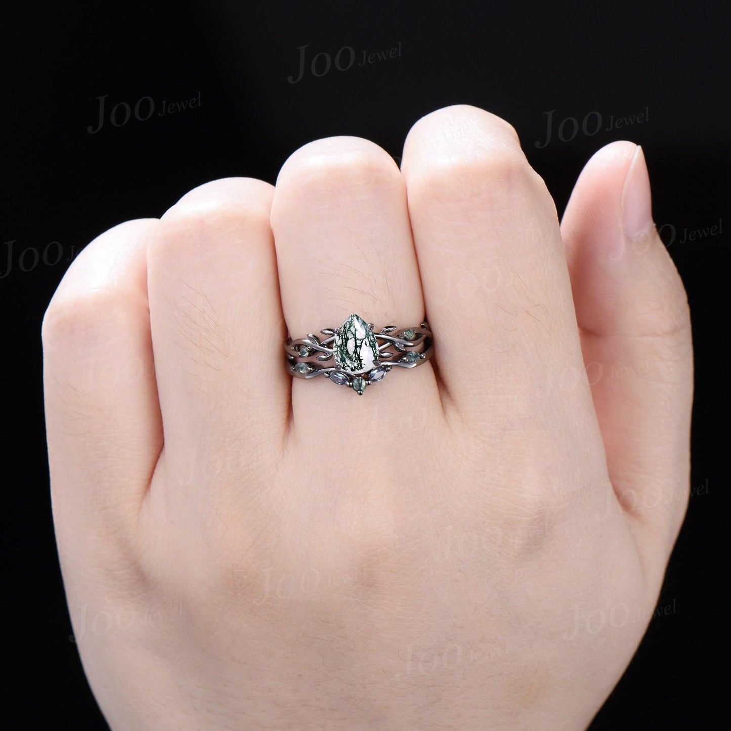 Teardrop Cut Genuine Green Moss Agate Alexandrite Bridal Set 1.25ct Twig Vine Branch Moss Agate Wedding Ring Gothic Black Engagement Rings