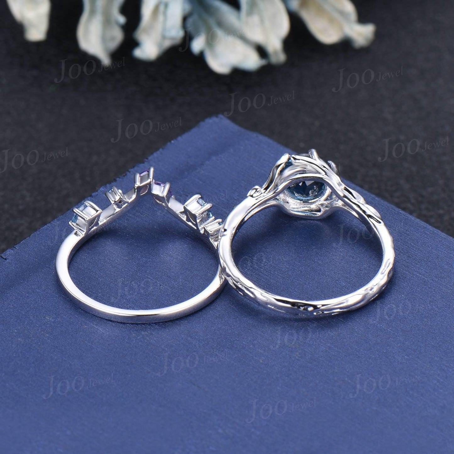 Tree Bark Twig Vine Genuine London Blue Topaz Solitaire Wedding Ring Set Sterling Silver Nature Themed Round Topaz Amethyst Bridal Set Women