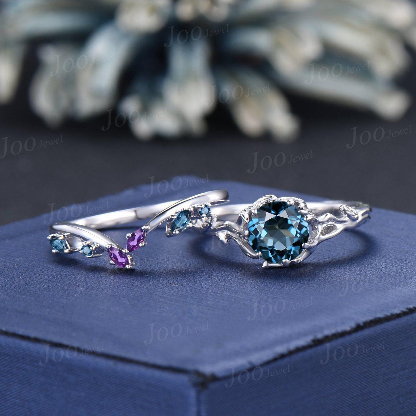 Tree Bark Twig Vine Genuine London Blue Topaz Solitaire Wedding Ring Set Sterling Silver Nature Themed Round Topaz Amethyst Bridal Set Women