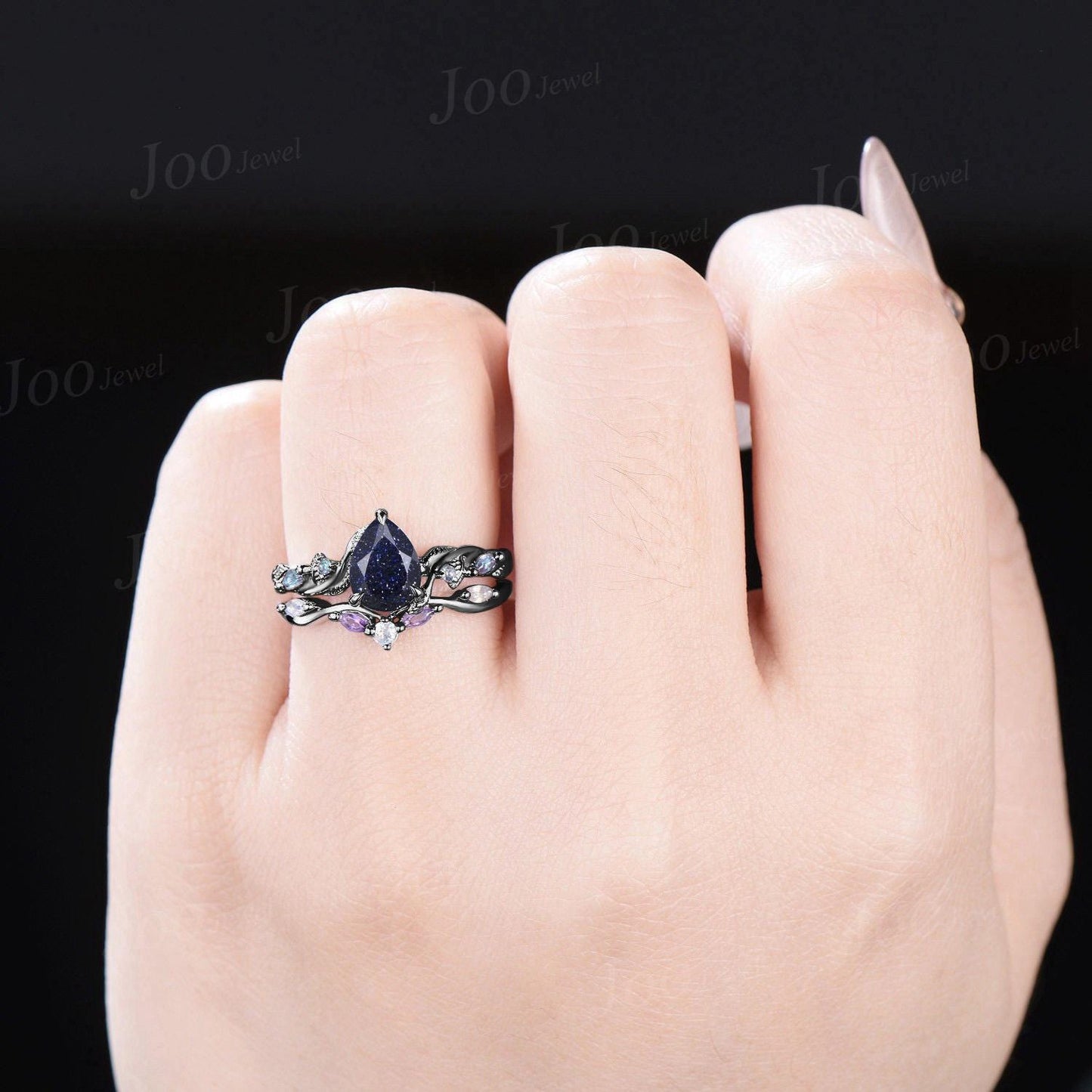 Vintage Blue Sandstone Engagement Ring Set Twist Twig Leaf Alexandrite Curved Stacking Band Pear Shaped Bridal Set Unique Black Wedding Set
