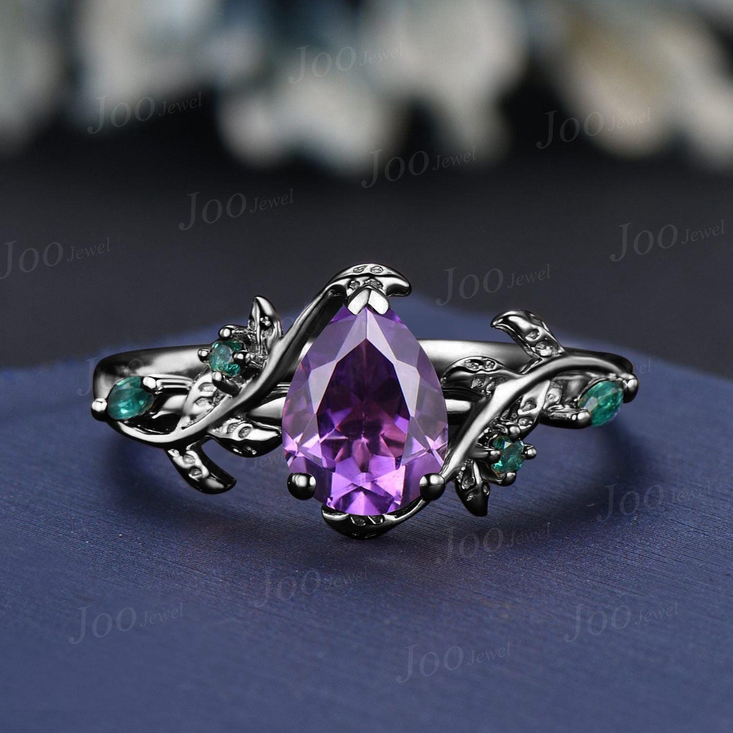 Nature Inspired Flower Genuine Amethyst Ring Set Vintage 14K Black Gold Leaf Branch Bridal Set Pear Wedding Ring February Birthstone Gifts