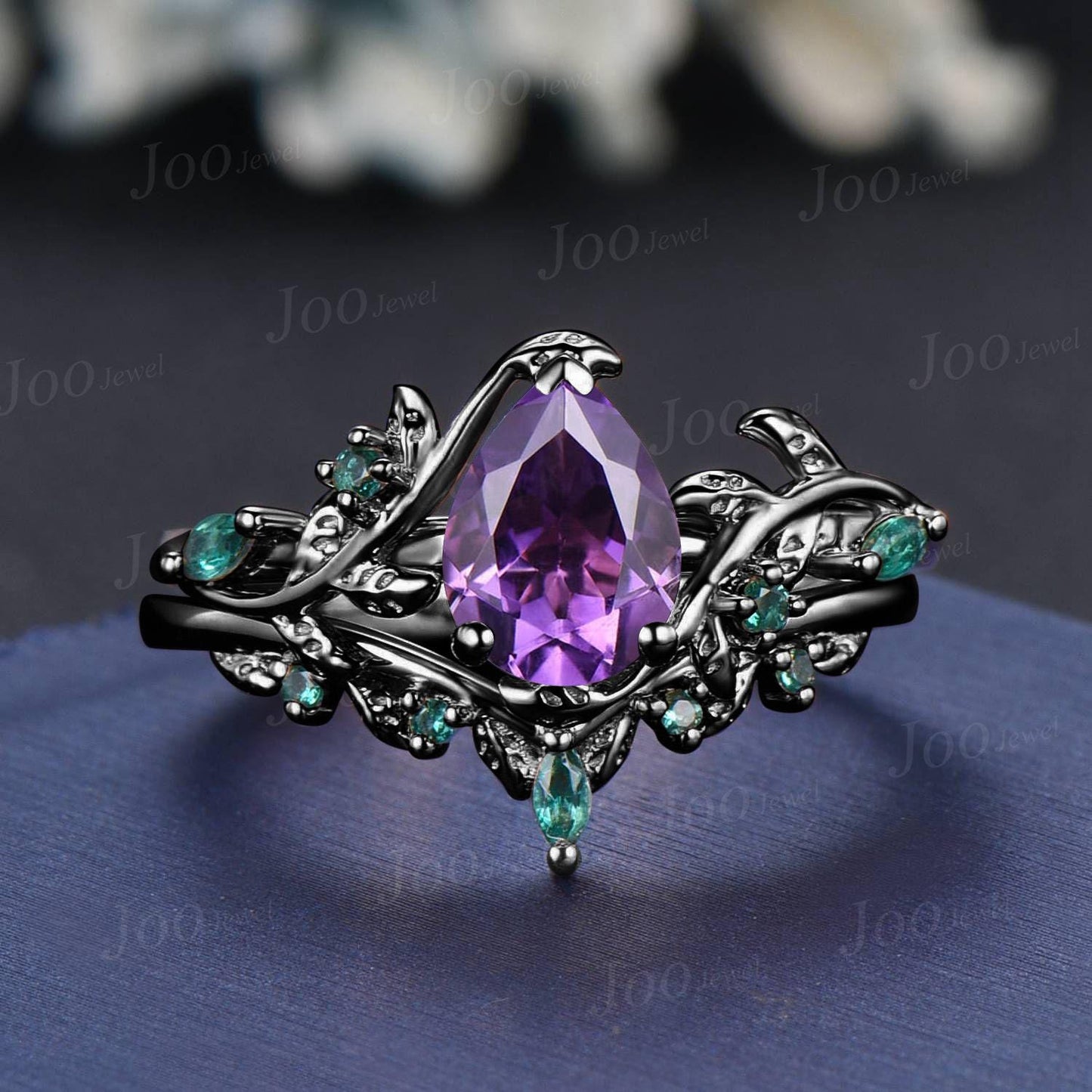 Nature Inspired Flower Genuine Amethyst Ring Set Vintage 14K Black Gold Leaf Branch Bridal Set Pear Wedding Ring February Birthstone Gifts