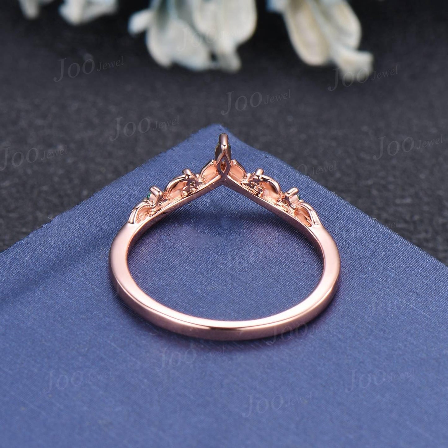 Nature Inspired Leaf Moss Agate Emerald Curved Wedding Band 14K Rose Gold Art Deco Vintage Twig Vine Matching Band Promise Rings for Women