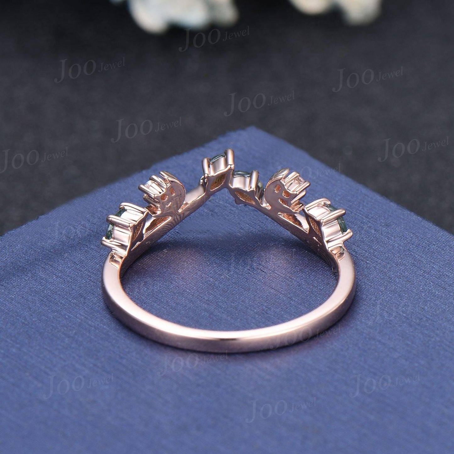 Marquise Cut Natural Moss Agate Contour Wedding Band 10K Rose Gold Agate Nesting Band Unique Vintage Stacking Matching Bridal Gift for Women