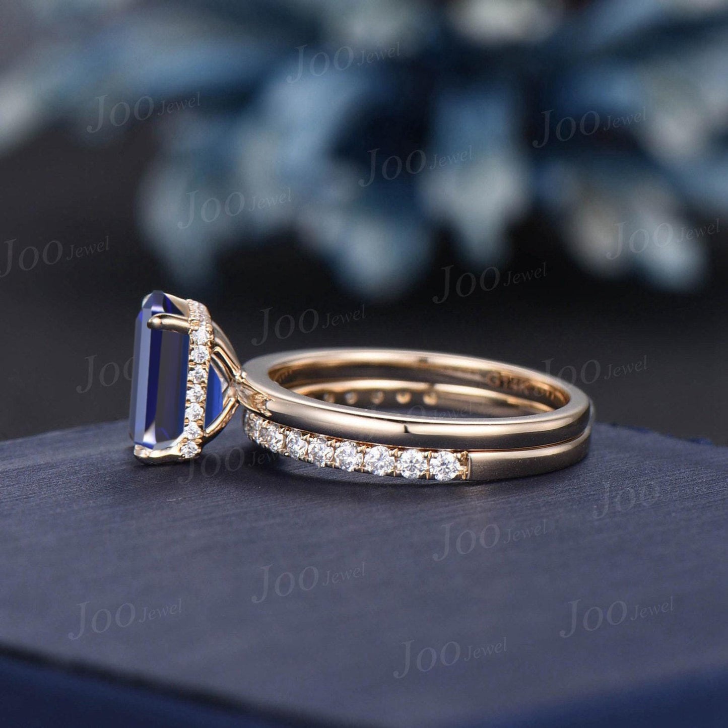 2ct Radiant Cut Blue Sapphire Engagement Ring Set 10k Solid Gold Blue Sapphire Solitaire Wedding Bridal Ring Hidden Halo Ring Promise Gifts
