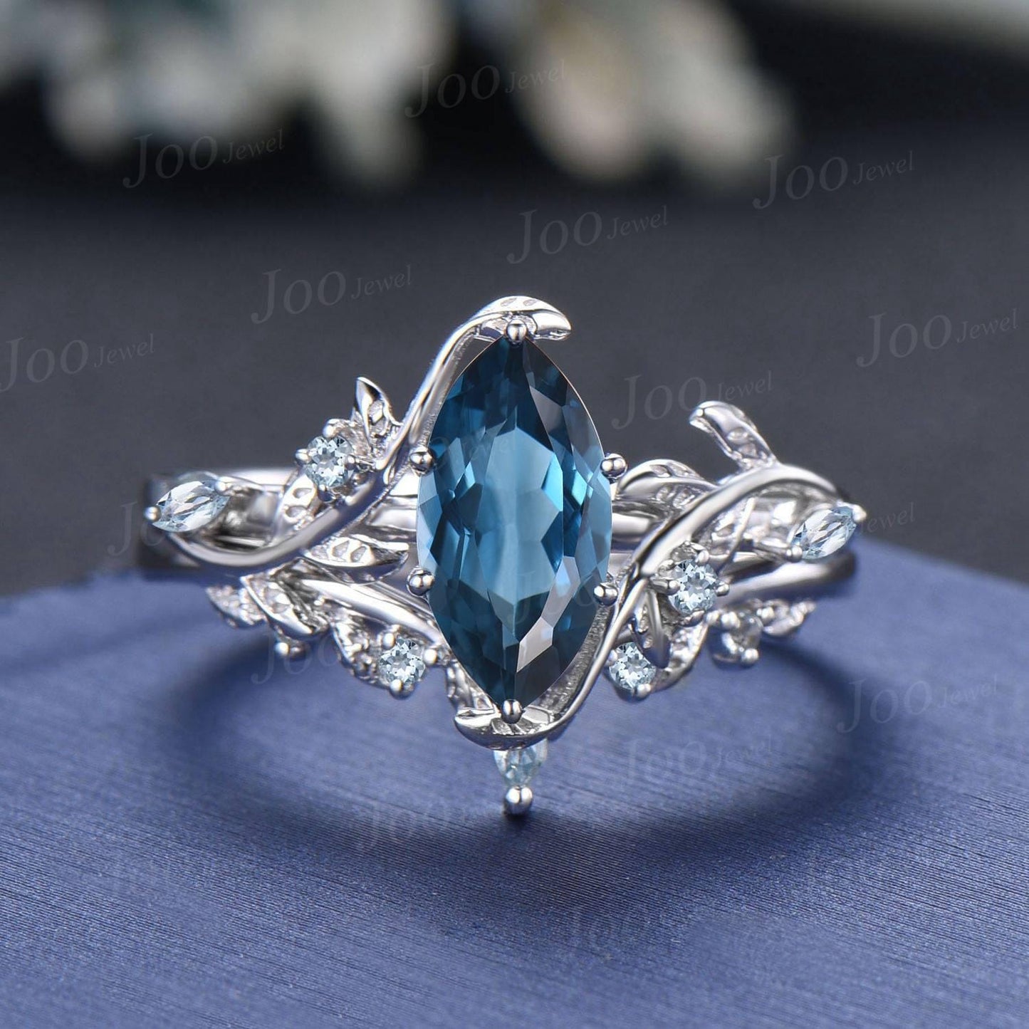 Marquise Wedding Ring Set Leaf Branch Marquise Cut Natural London Blue Topaz Bridal Ring Aquamarine Wedding Ring December Birthstone Gifts