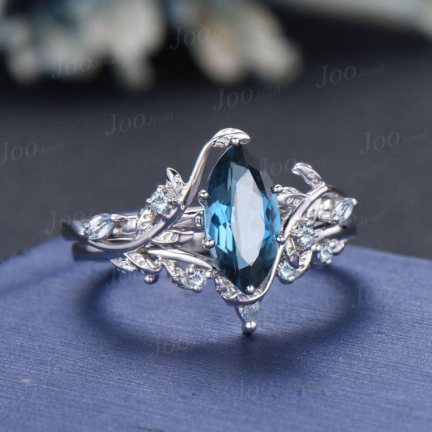 Marquise Wedding Ring Set Leaf Branch Marquise Cut Natural London Blue Topaz Bridal Ring Aquamarine Wedding Ring December Birthstone Gifts