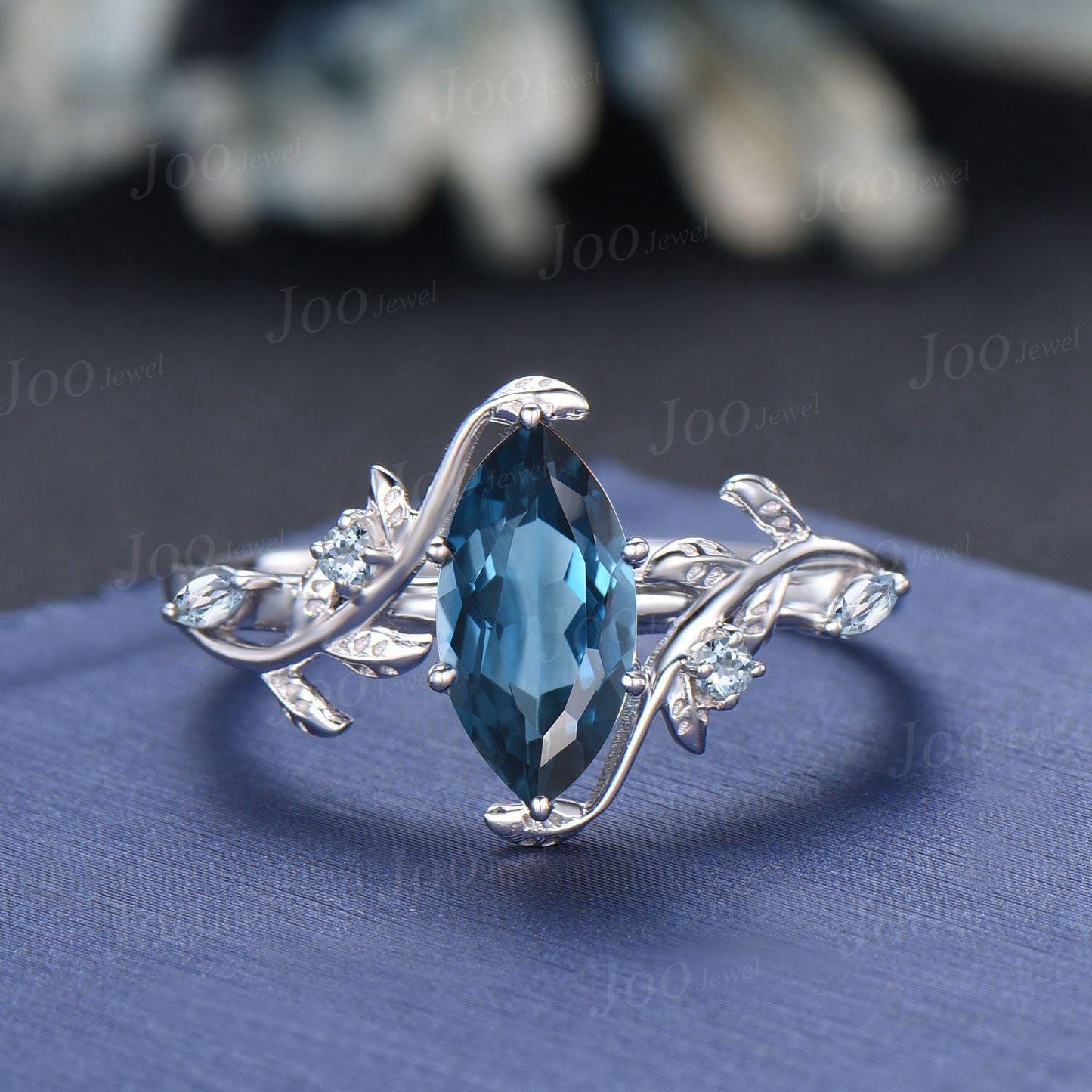 Marquise Wedding Ring Set Leaf Branch Marquise Cut Natural London Blue Topaz Bridal Ring Aquamarine Wedding Ring December Birthstone Gifts