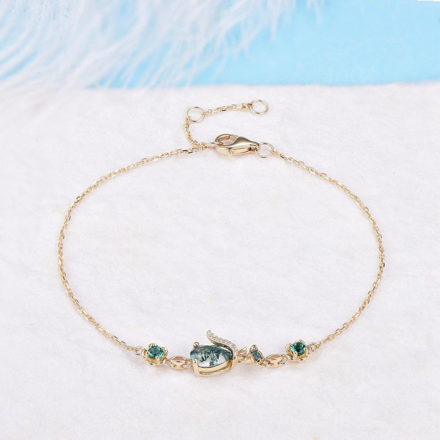 14K Rose Gold Flower Bracelet Pear Natural Moss Agate Emerald Chain Bracelet Dainty Genuine Green Gemstone Charm Wedding Bracelet for Bridal