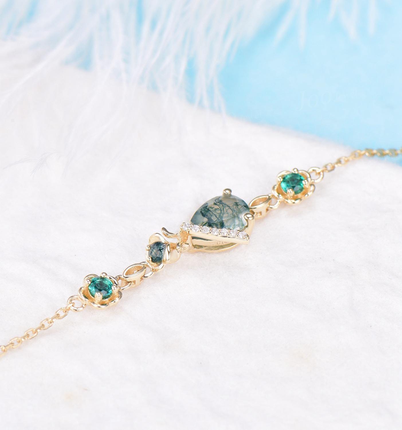 14K Rose Gold Flower Bracelet Pear Natural Moss Agate Emerald Chain Bracelet Dainty Genuine Green Gemstone Charm Wedding Bracelet for Bridal