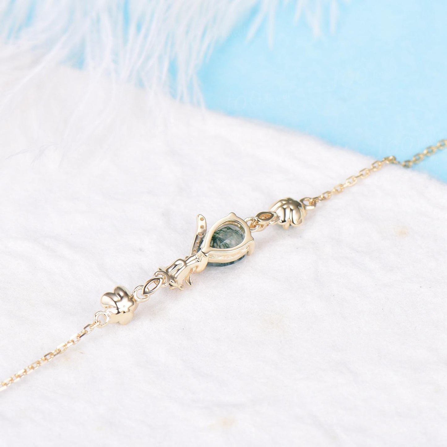 14K Rose Gold Flower Bracelet Pear Natural Moss Agate Emerald Chain Bracelet Dainty Genuine Green Gemstone Charm Wedding Bracelet for Bridal