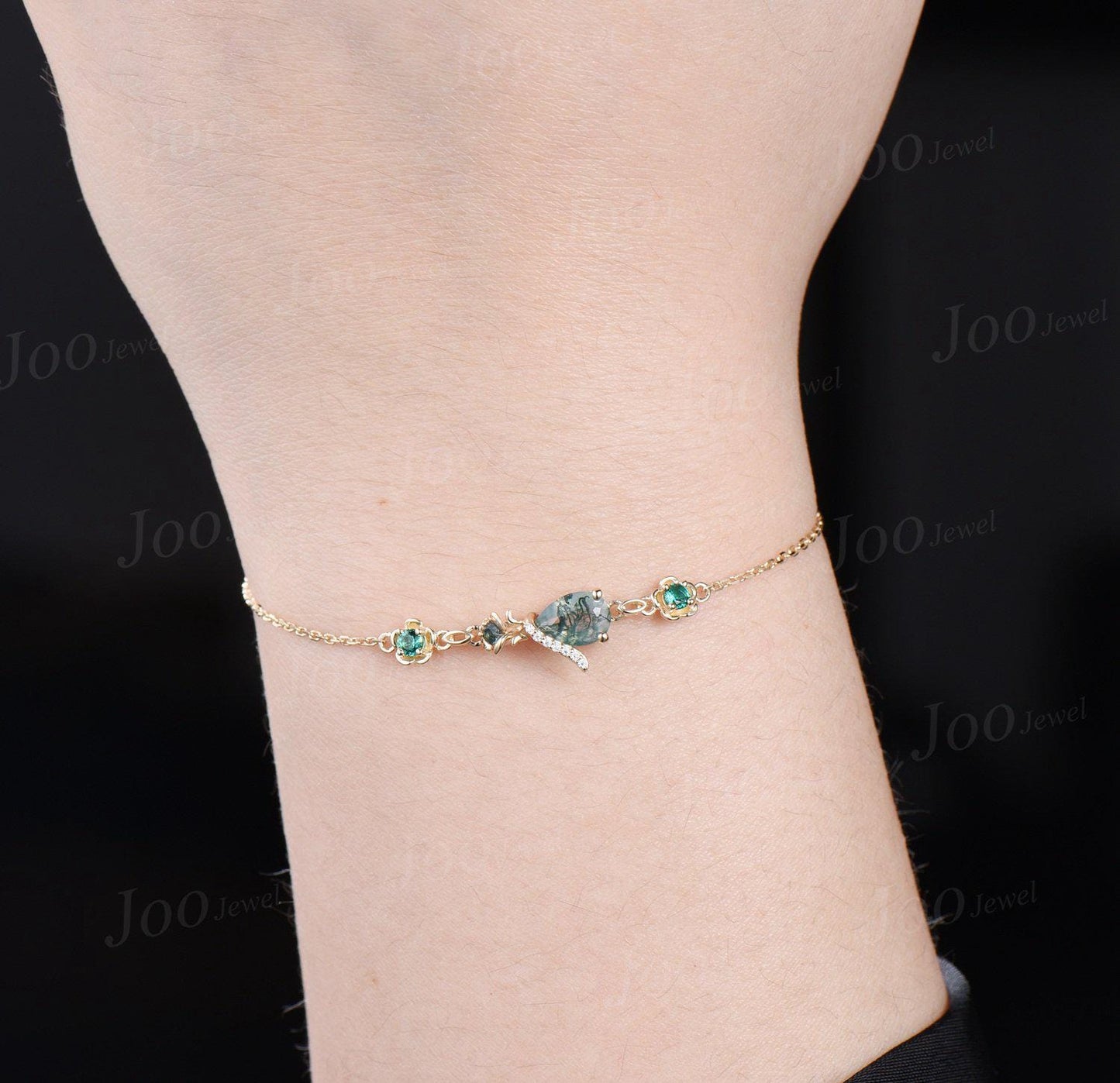 14K Rose Gold Flower Bracelet Pear Natural Moss Agate Emerald Chain Bracelet Dainty Genuine Green Gemstone Charm Wedding Bracelet for Bridal
