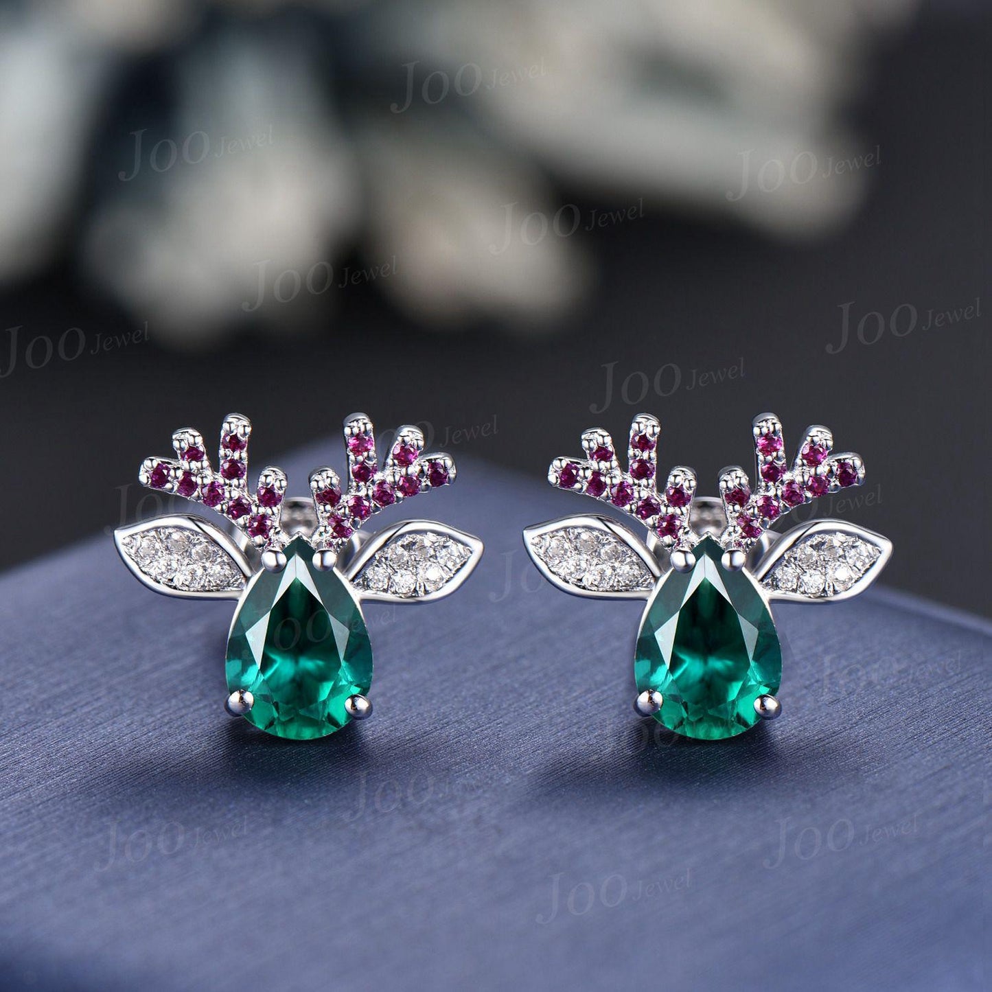 2pcs Deer Earrings 10K/14K/18K Solid Gold Ruby Emerald Reindeer Earrings Unique Sterling Silver Gemstone Christmas Earrings Gift for Family