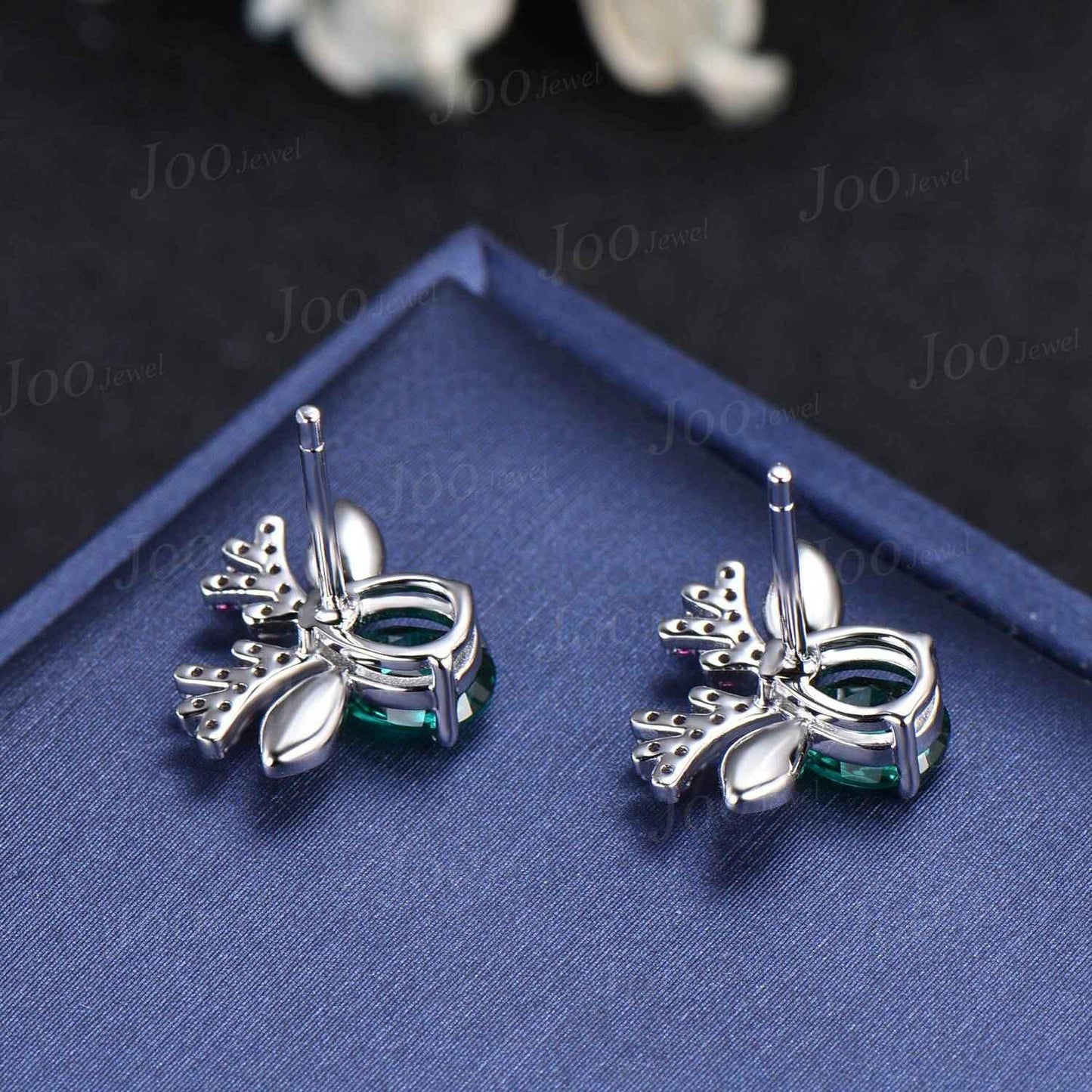 2pcs Deer Earrings 10K/14K/18K Solid Gold Ruby Emerald Reindeer Earrings Unique Sterling Silver Gemstone Christmas Earrings Gift for Family