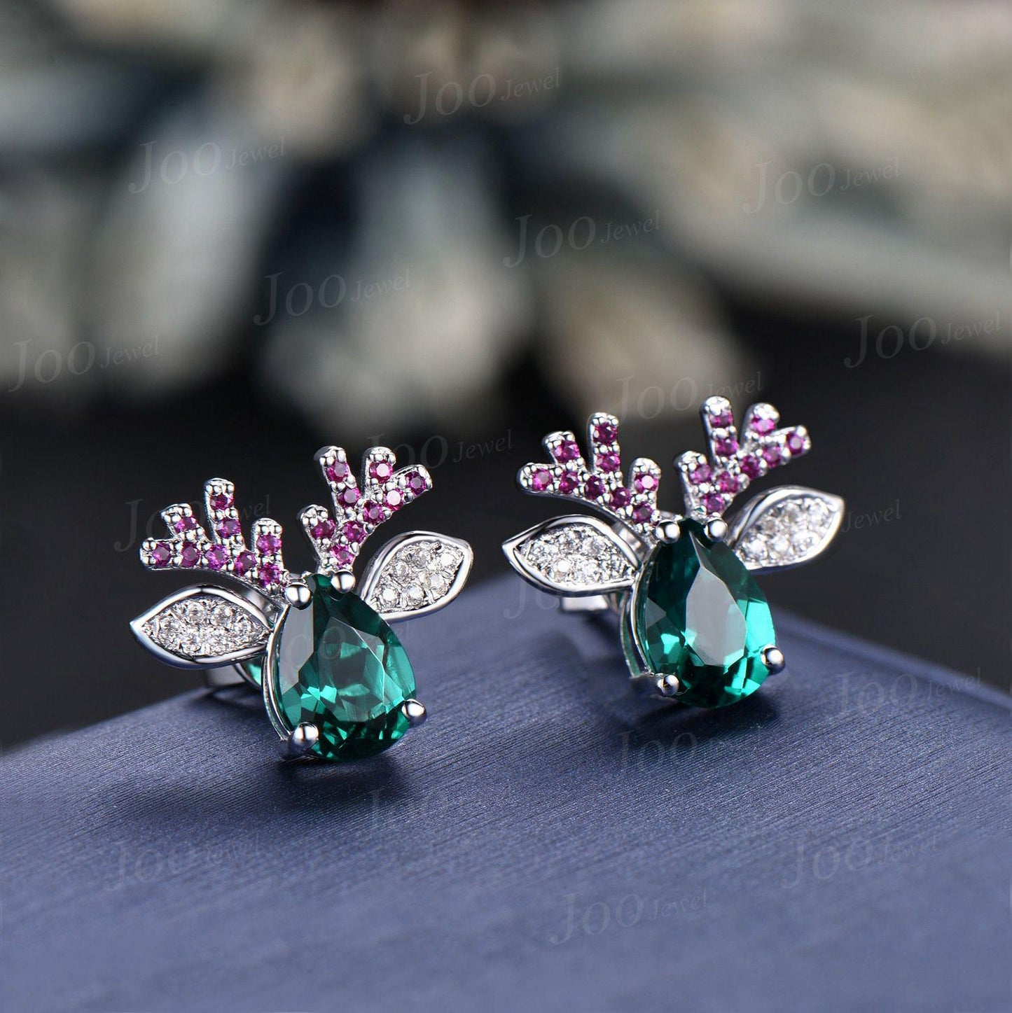 2pcs Deer Earrings 10K/14K/18K Solid Gold Ruby Emerald Reindeer Earrings Unique Sterling Silver Gemstone Christmas Earrings Gift for Family