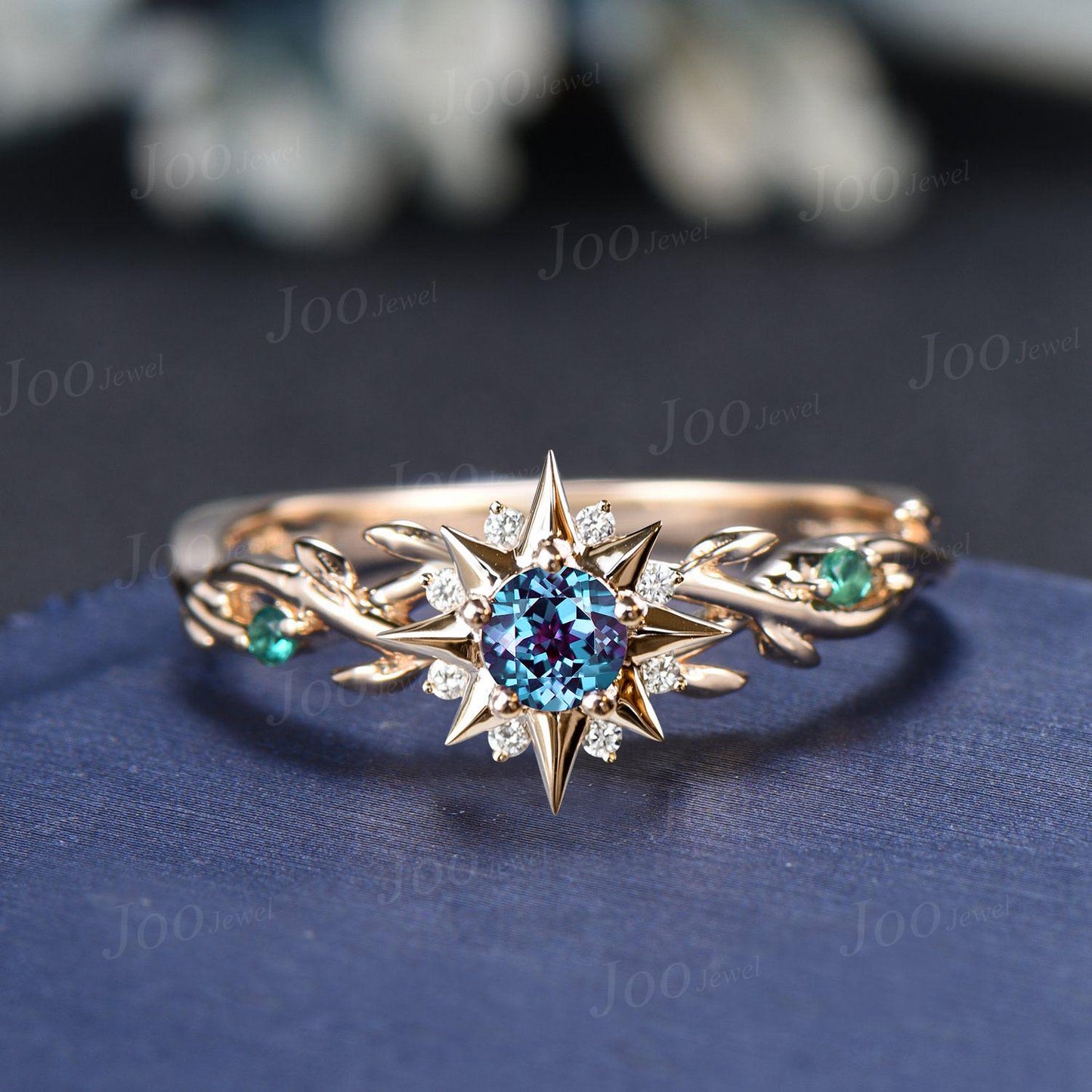 Sunburst Engagement Ring 5mm Round Cut Color-Changing Alexandrite Wedding Ring 14K Yellow Gold Twig Vine Emerald Band Sun Wedding Ring