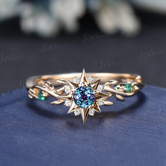 Sunburst Engagement Ring 5mm Round Cut Color-Changing Alexandrite Wedding Ring 14K Yellow Gold Twig Vine Emerald Band Sun Wedding Ring