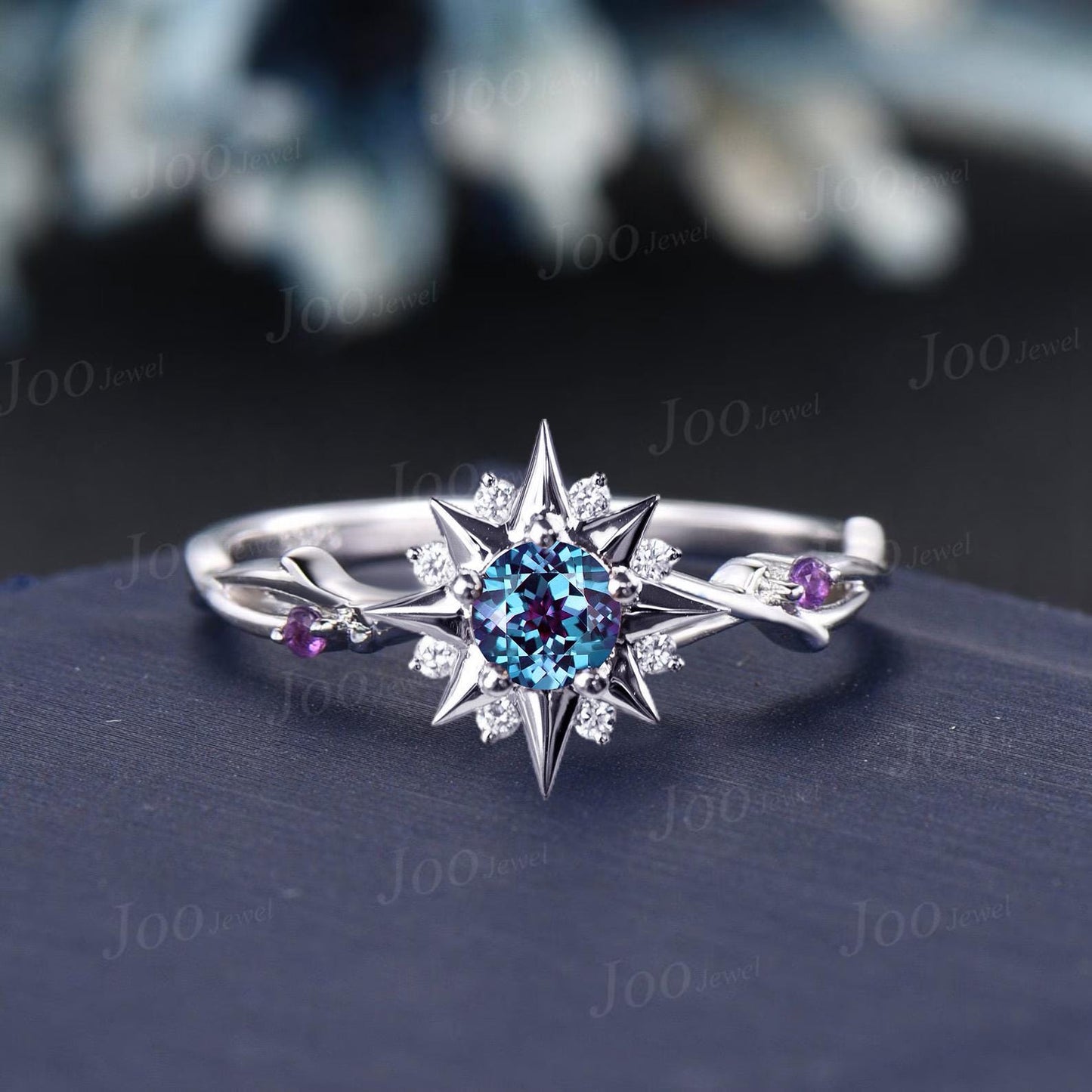 Twig Vine Sun Wedding Ring Unique Marriage Ring You Are My Life Ring 14K White Gold Round Alexandrite Amethyst Ring Half Moissanite Ring