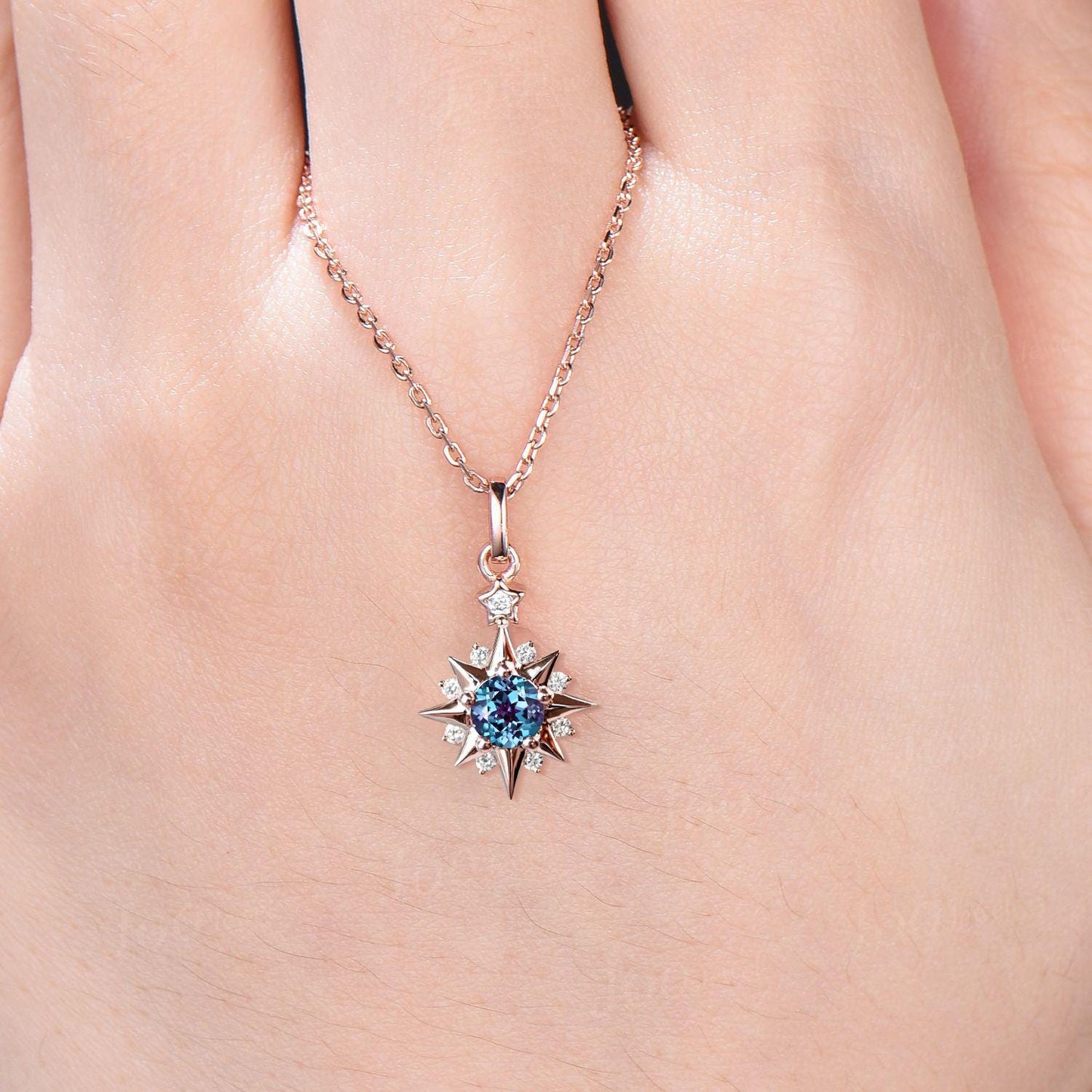 6.5mm Round Cut Color-Changing Sun Necklace 14K Rose Gold Sun Star Halo Moissanite Wedding Necklace Unique June Birthstone Pendant Necklace